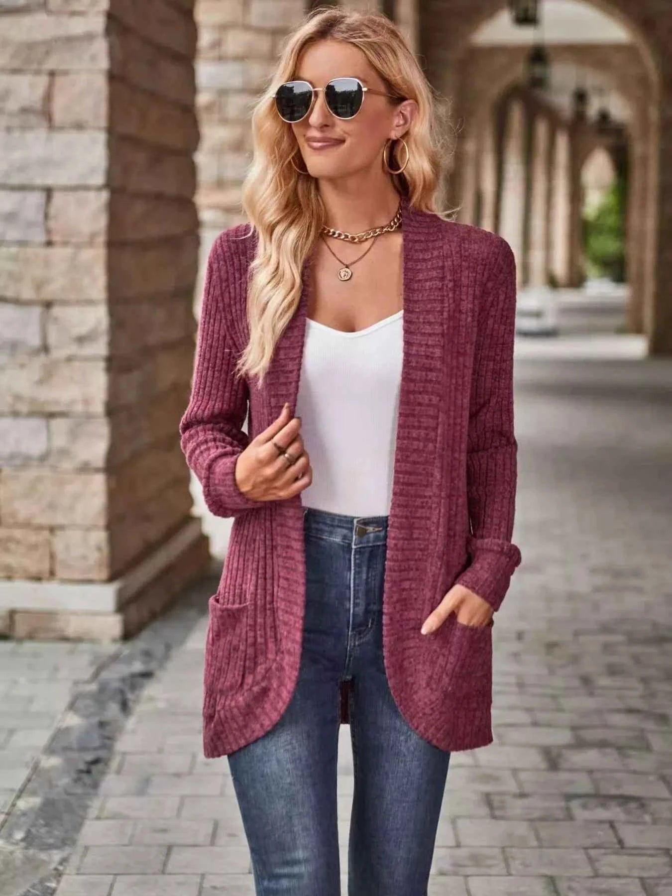 Open Front Ribbed Knit Cardigan a828ddaa947c47e69c9beeb31612a9c5-Max-Origin