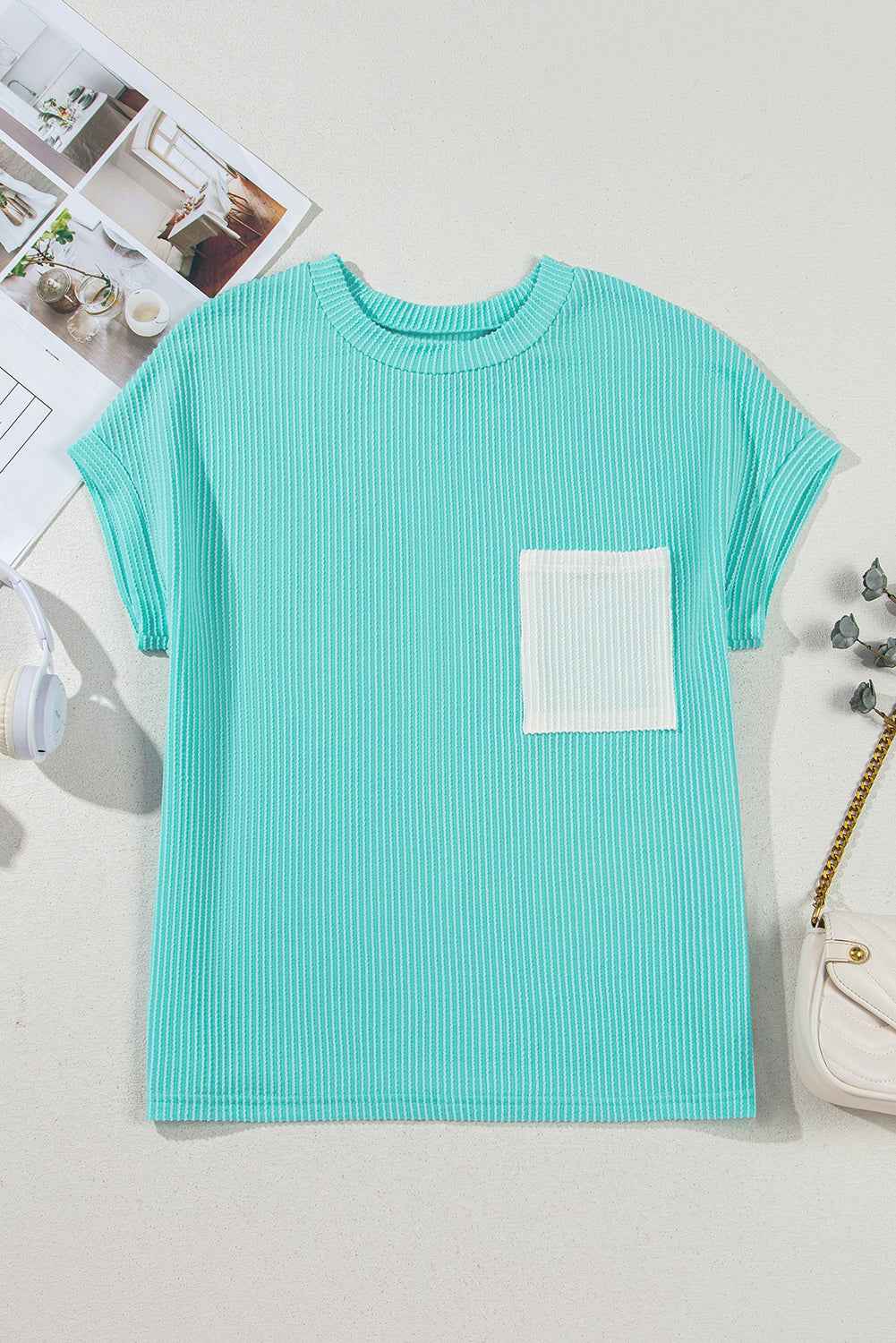 Pink Corded Colorblock Pocket Crew Neck T Shirt a82e0a7f640a7043