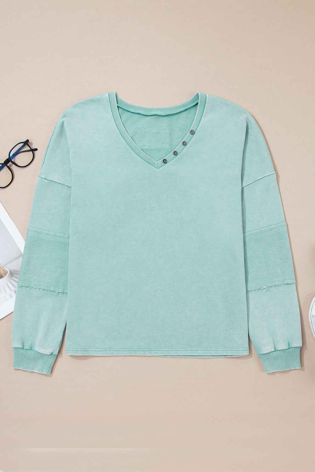 Mist Blue Mineral Wash Exposed Seam Buttoned V Neck Pullover Top