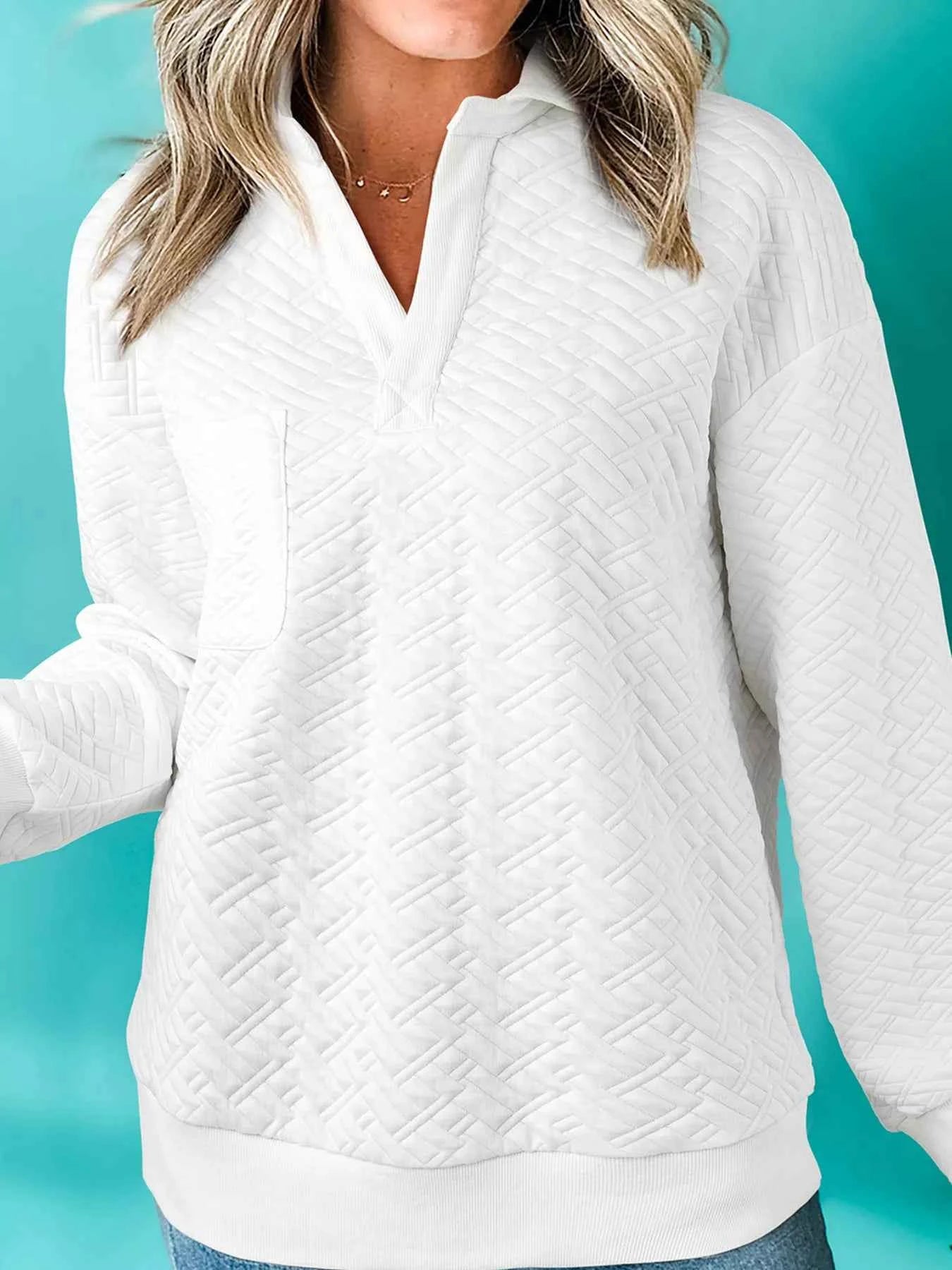 Textured Johnny Collar Sweatshirt White a86574925abf46dcb81a811dca66363f-Max-Origin