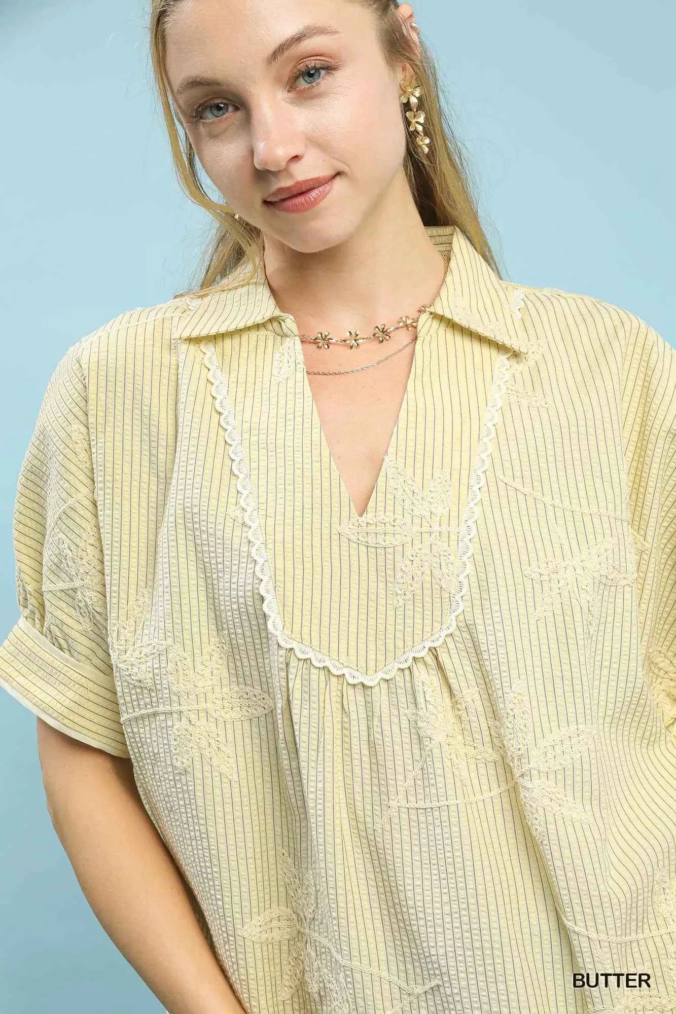 Umgee Striped Embroidered Blouse with Scallop Trim
