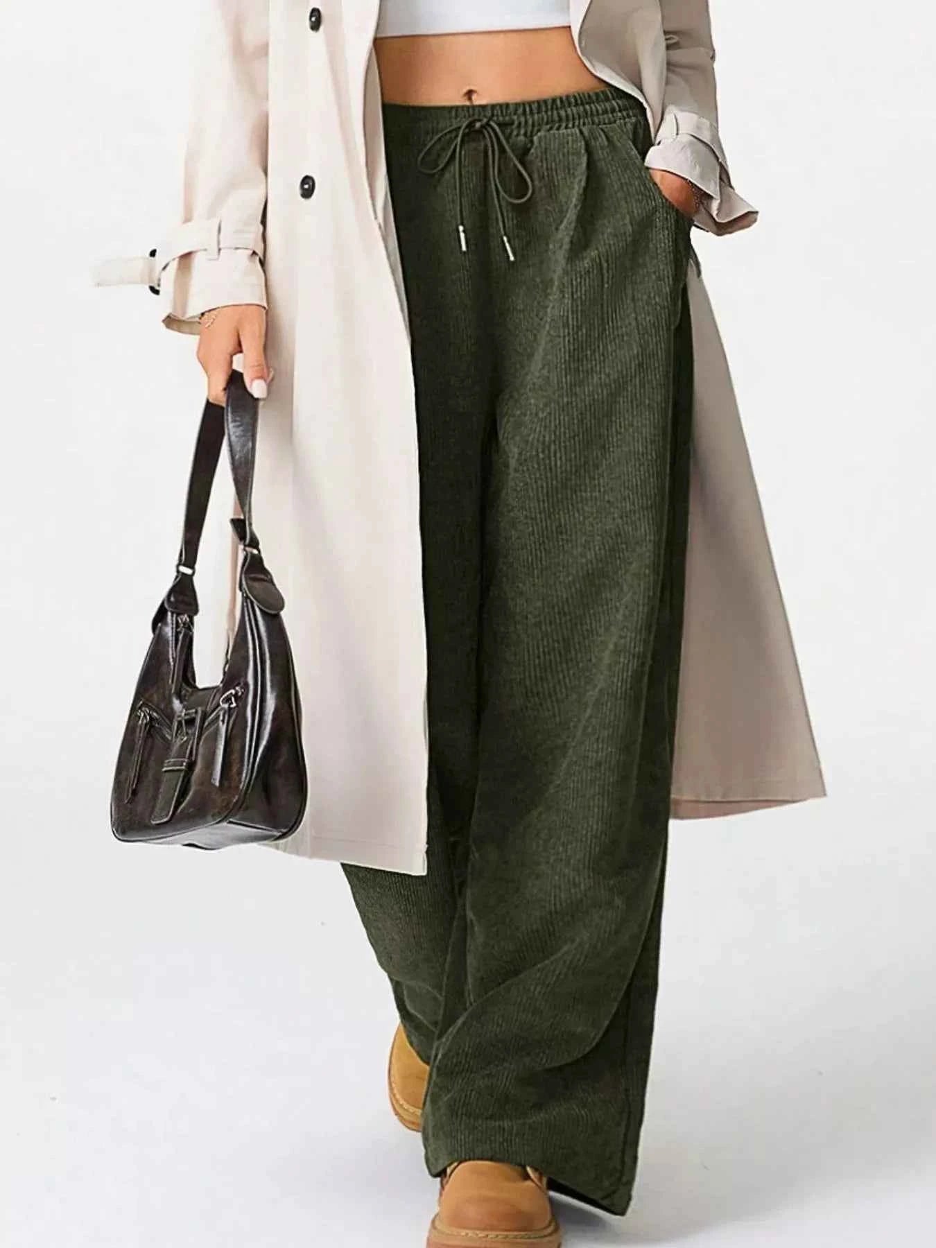 Wide Leg Corduroy Drawstring Pants Army Green a8c446a6-dc41-4328-95fa-c4883e1c8d88-Max-Origin