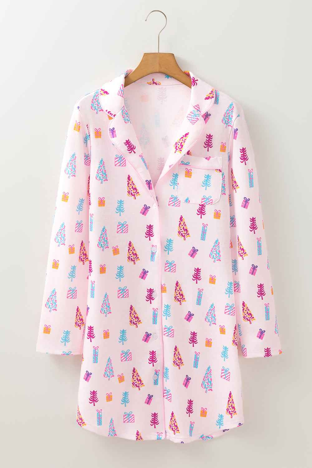 Pink Christmas Twinkle Tree Print Casual Shirt Sleep Dress a8d74677e2eb8446
