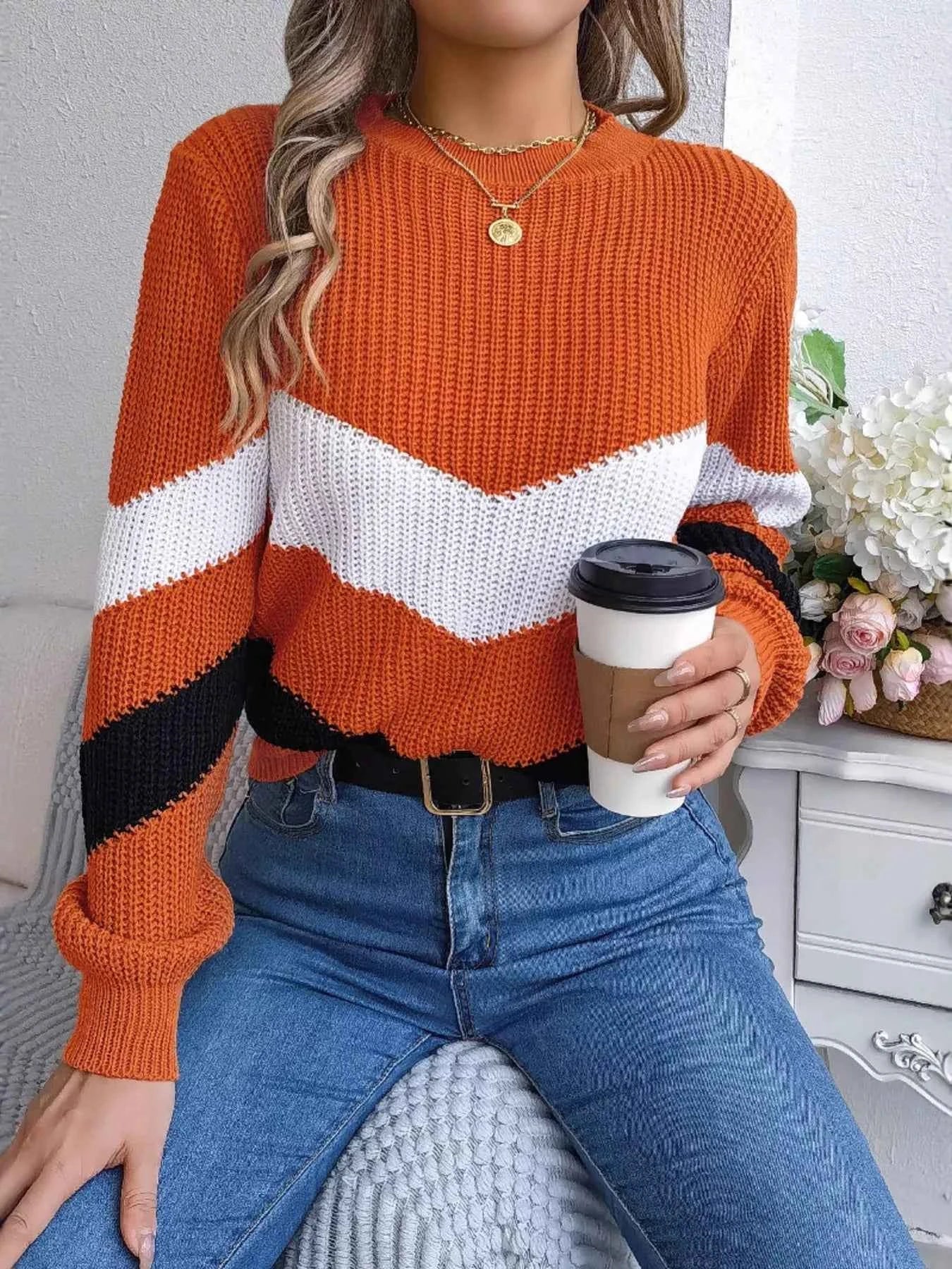 Chevron Stripe Color Block Round Neck Sweater a8e38892c1d643bb9fec72e5d53a061b-Max-Origin