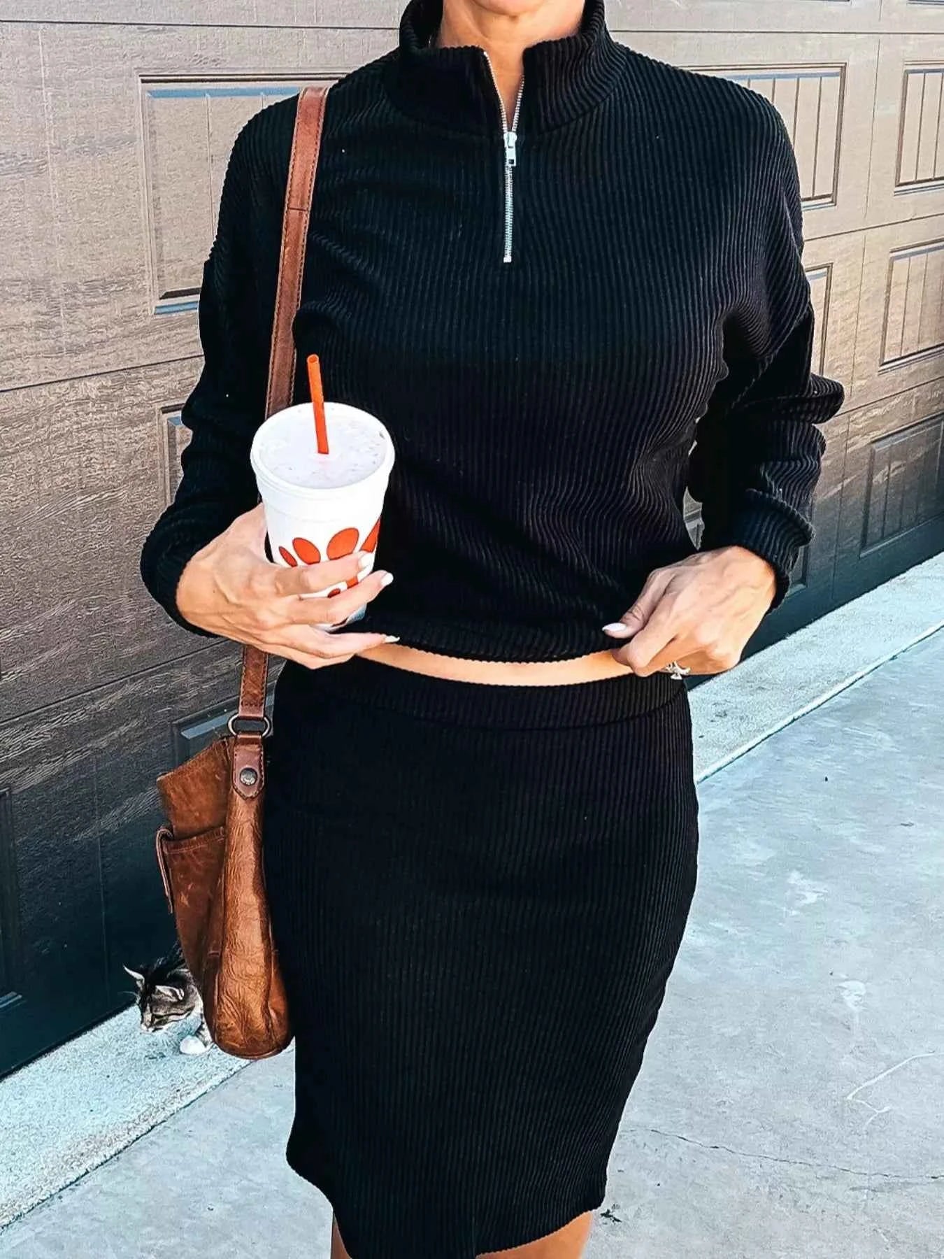 Ribbed Knit Quarter-Zip Top and Skirt Set Black a91304b0-81de-42bc-8277-81ecaa07437e-Max-Origin