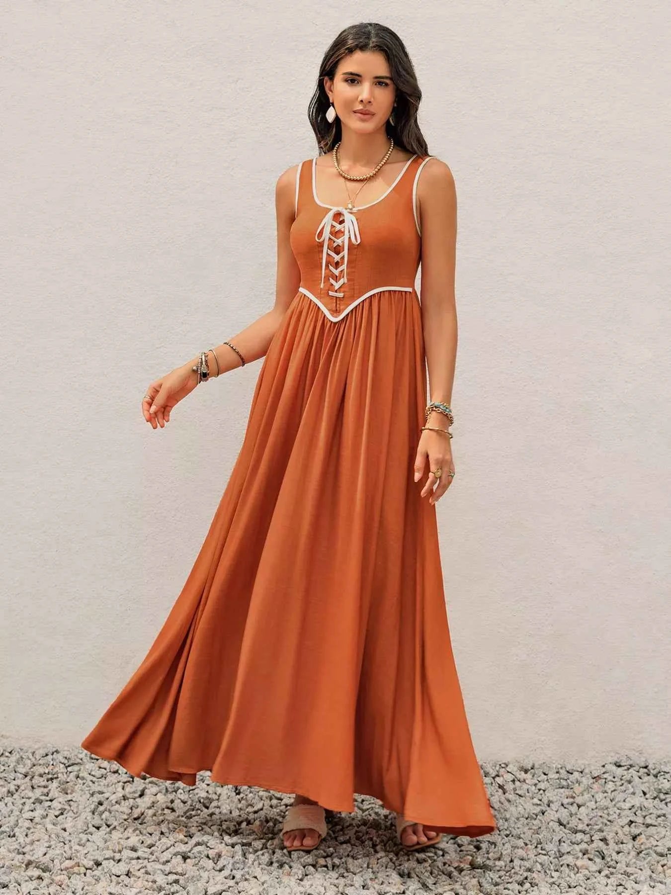 Contrast Trim Lace-Up Maxi Tank Dress Terracotta a96cc512-6933-4b4f-a12f-6e37dd97435c-Max-Origin