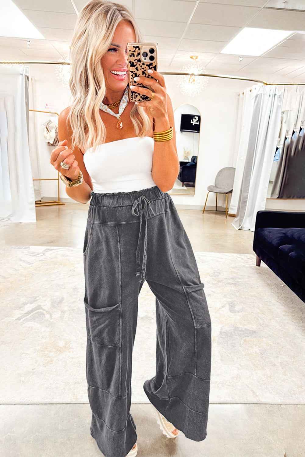 Medium Grey Mineral Wash Knot High Waist Raw Hem Pants ab6095c8747ef3a5