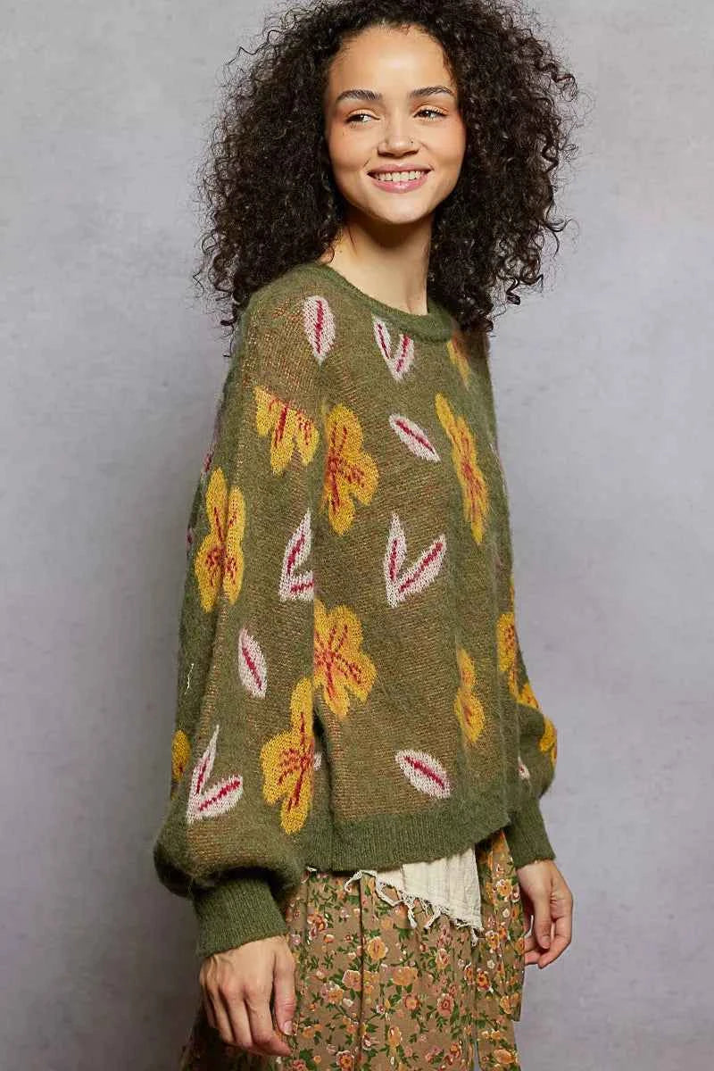 POL Floral Pattern Round Neck Balloon Sleeve Sweater