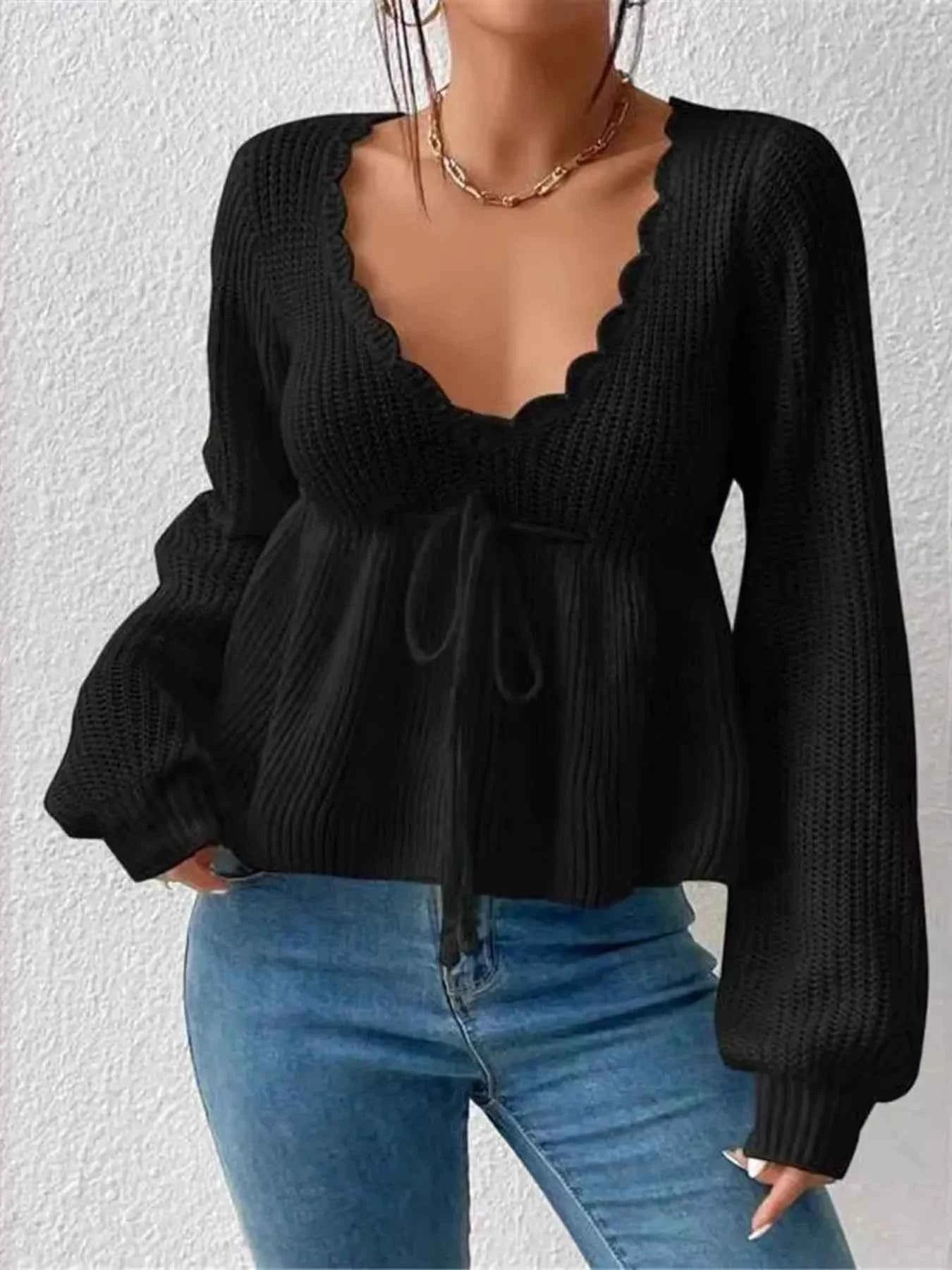 Scalloped V-Neck Drawstring Knit Top Black ac1427fd7f764466aeed4553f4ba557b-Max-Origin