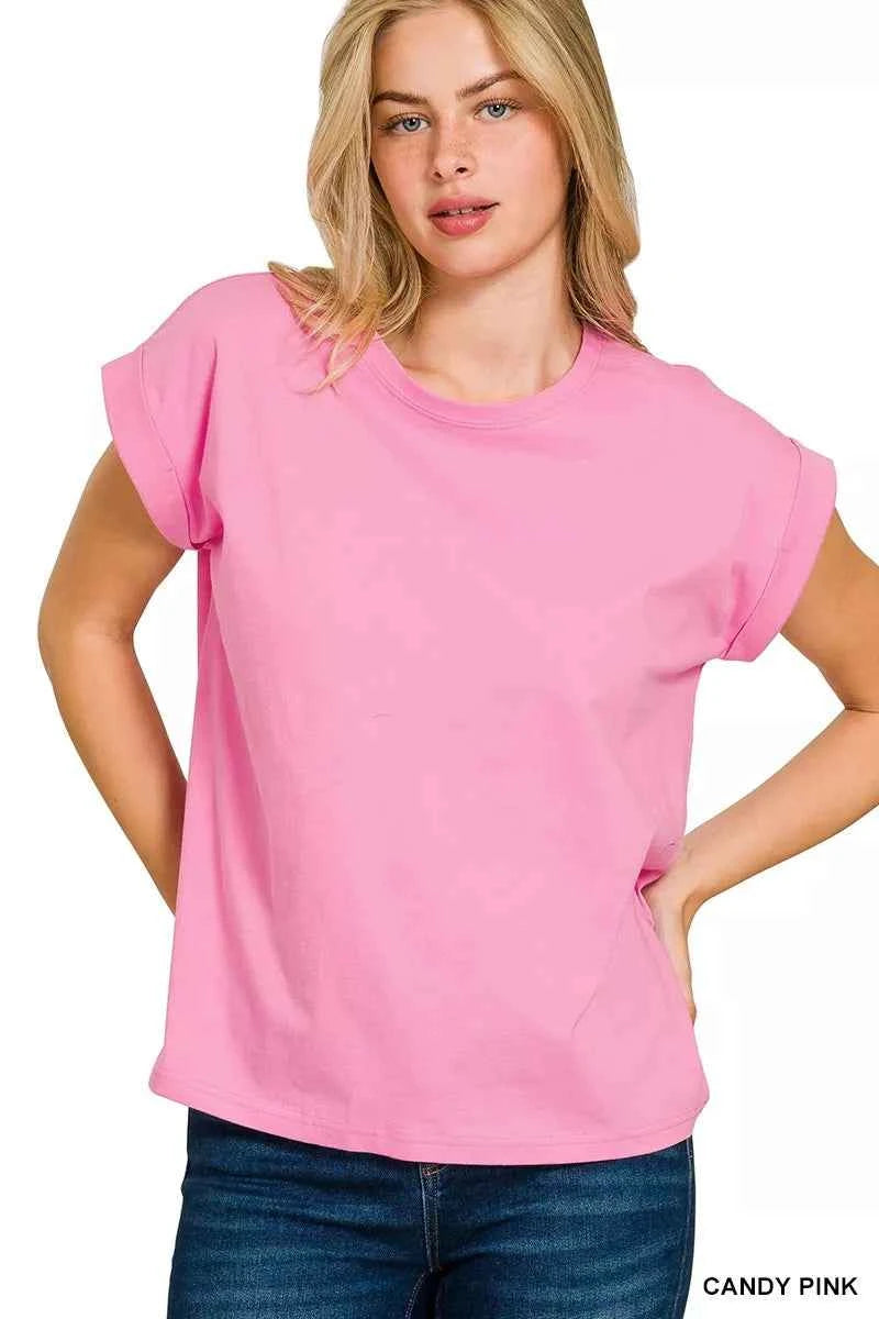 Zenana Round Neck Folded Short Sleeve T-Shirt CANDY PINK ac441dbaad6b47a2b5dd4b4290afc7ec-Max-Origin
