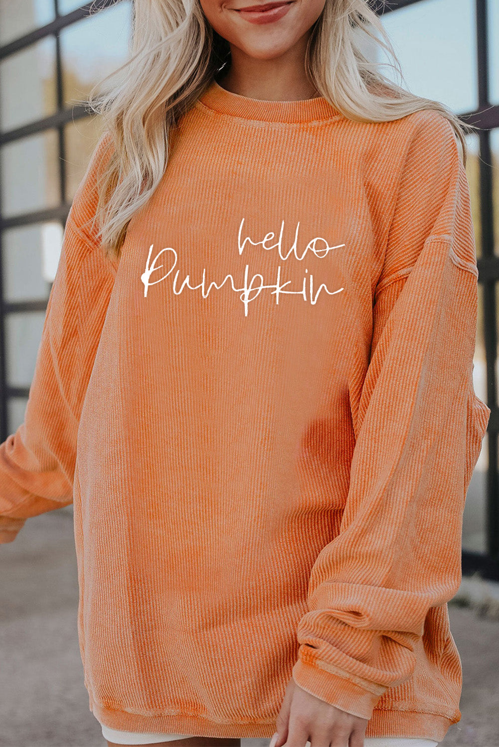 Orange hello pumpkin Letter Embroidered Ribbed Texture Baggy Sweatshirt Orange-3 100%Polyester ac4b794cb4e20f4a