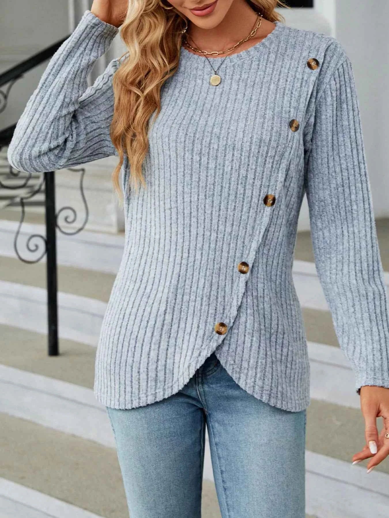 Ribbed Knit Decor Button T-Shirt ac9af272-ab04-41cf-8583-b95ce4a0f60a-Max-Origin