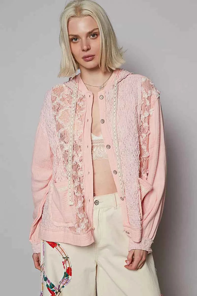 POL Exposed Seam Button Down Hooded Jacket with Lace Detail POWDER PINK aca71d86-707d-436a-95cf-6a847bdf2ff5-Max-Origin