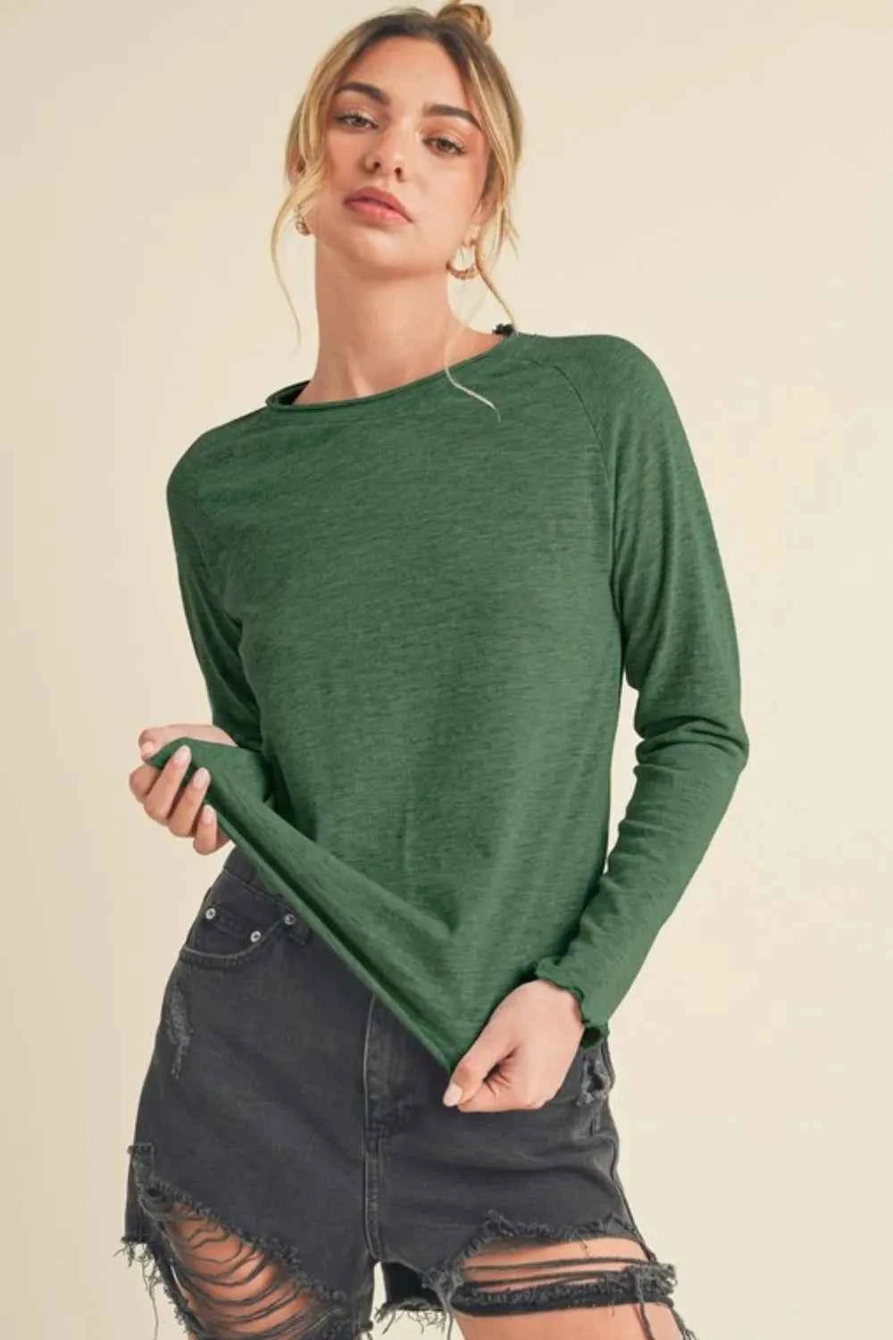 Aemi + Co Lettuce Hemline Round Neck Raglan Sleeve T-Shirt Dark Green acc3cffb-0ca4-4960-bf52-2742a6247d30-Max