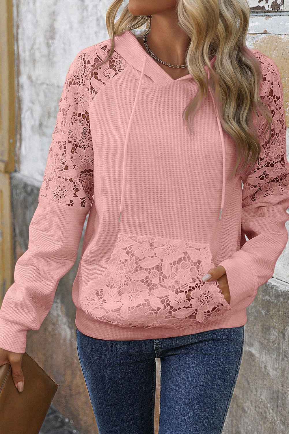 Gossamer Pink Lace Patchwork Raglan Sleeve Kangaroo Pocket Waffle Hoodie Gossamer Pink 75%Polyester+25%Cotton acd2dc88e01ee61e