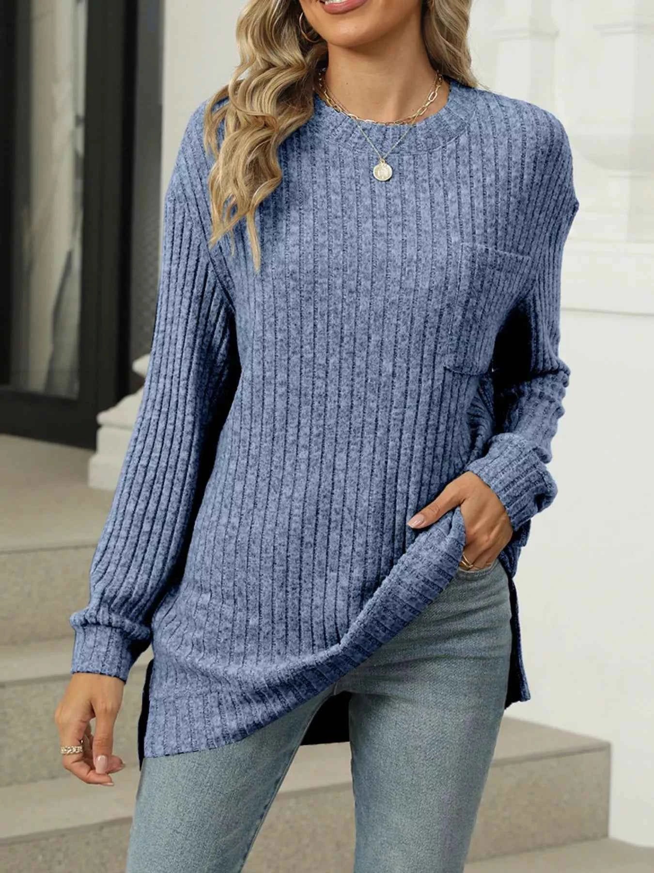 Ribbed Knit Round Neck Sweater Blue aedad3d5-2b30-4b49-a303-52edd919a56d-Max-Origin