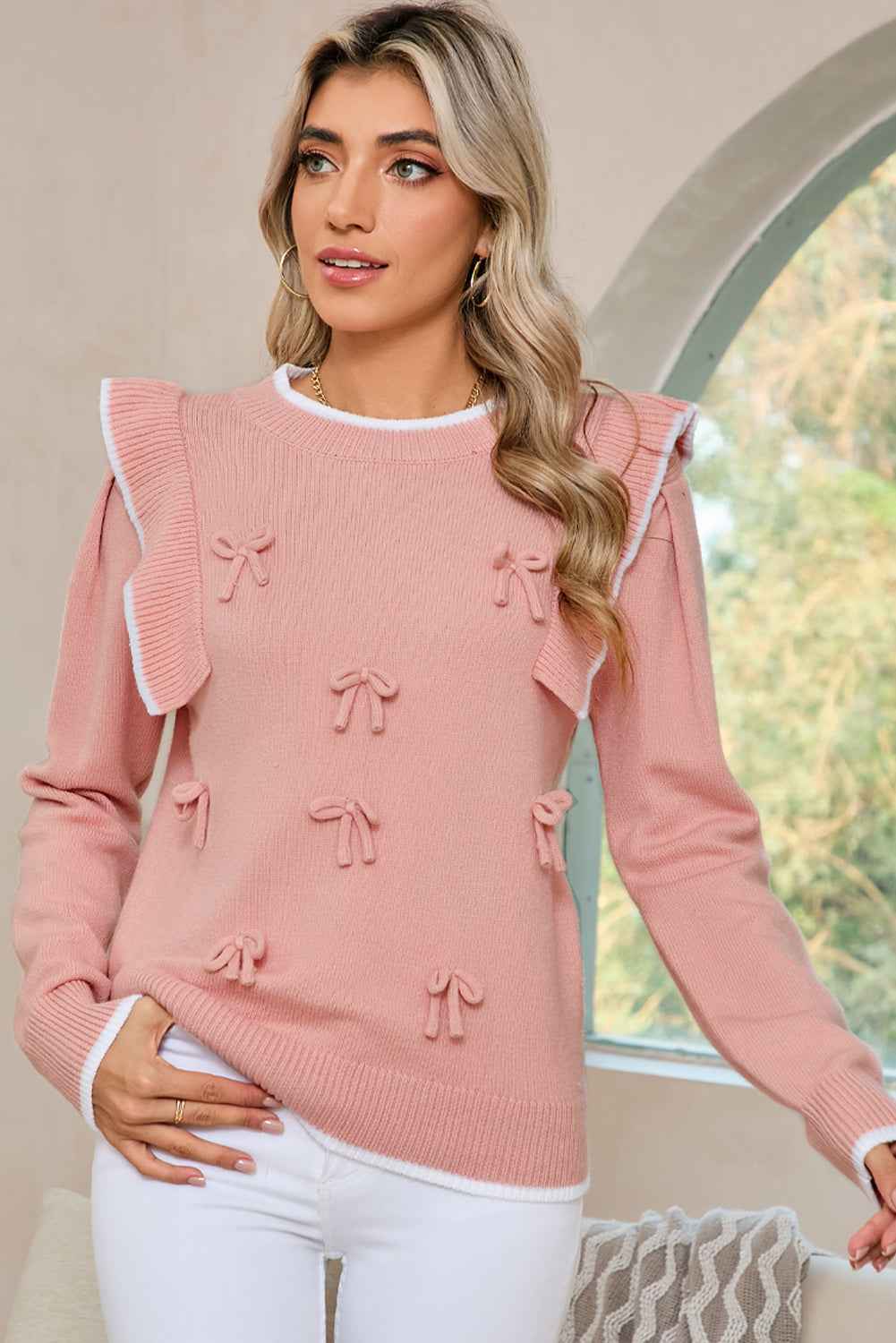 Light Pink Bow Detail Contrast Trim Ruffle Sweater af373999aae41013