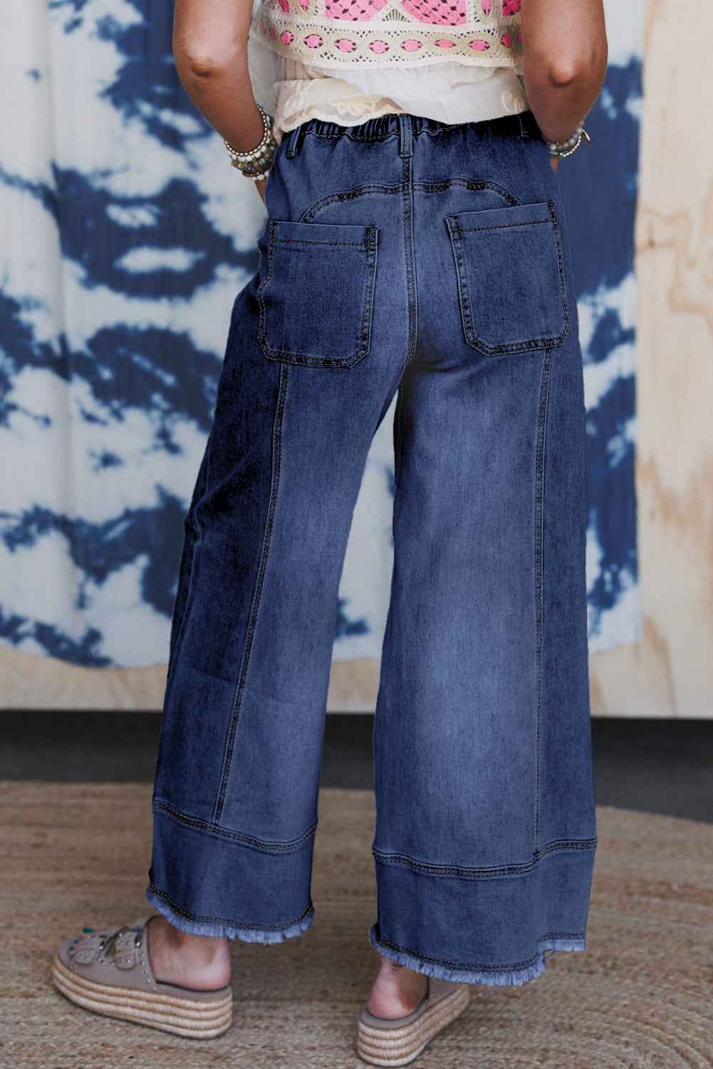 Beau Blue Drawstring Seam Detail Raw Hem Wide Leg Jeans b08846ab81a4e762