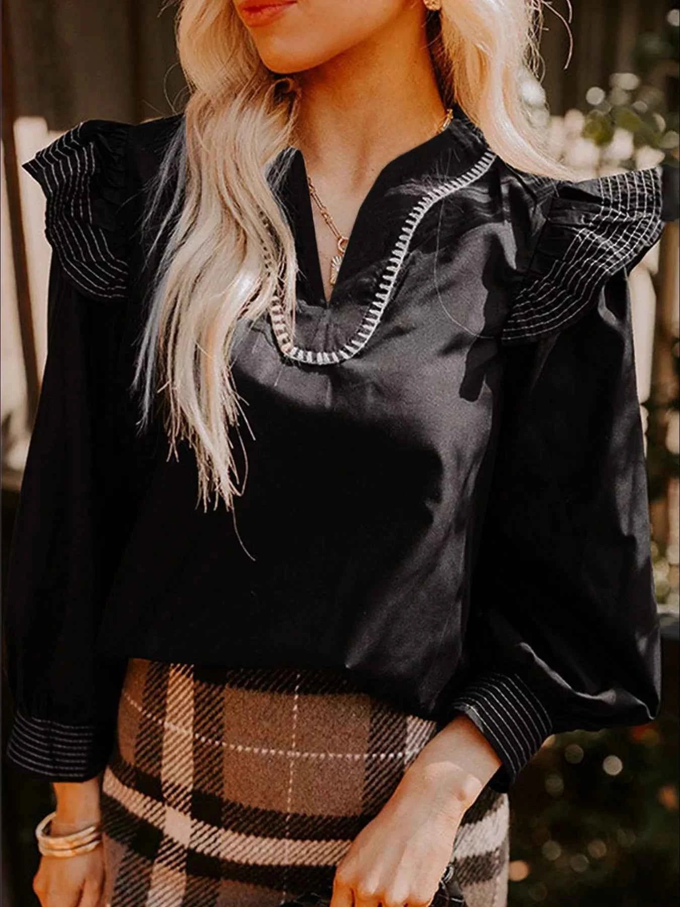 Ruffled Notched Long Sleeve Blouse Black b1005706-ce89-4d55-ba4e-3c0134ef8aec-Max-Origin
