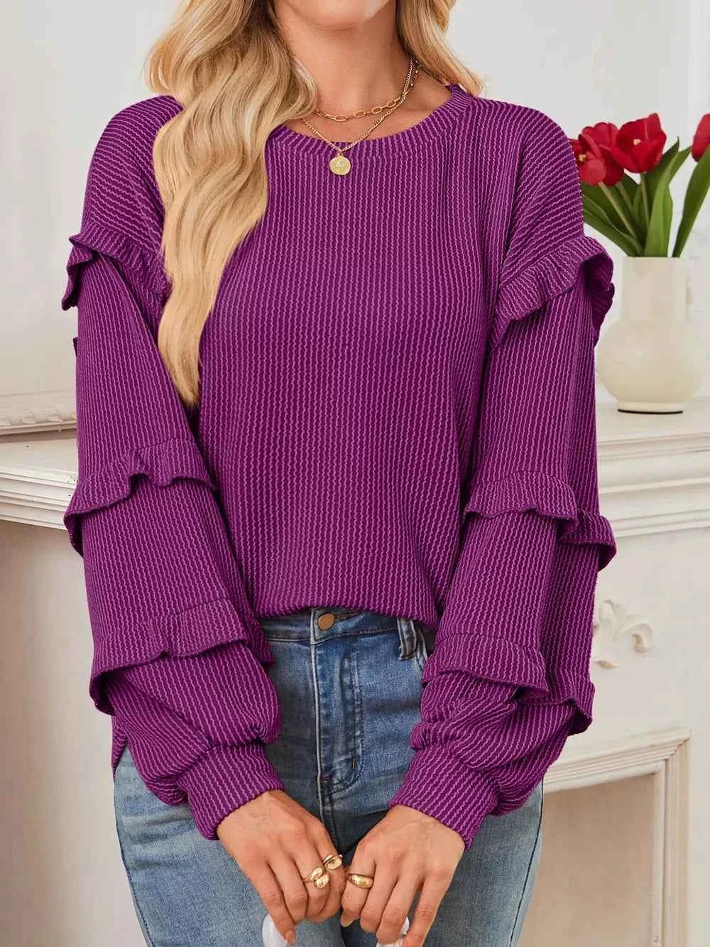 Round Neck Ruffled Long Sleeve Sweatshirt Red-Violet b106723f731848dfb92c060b6467fb2d-Max
