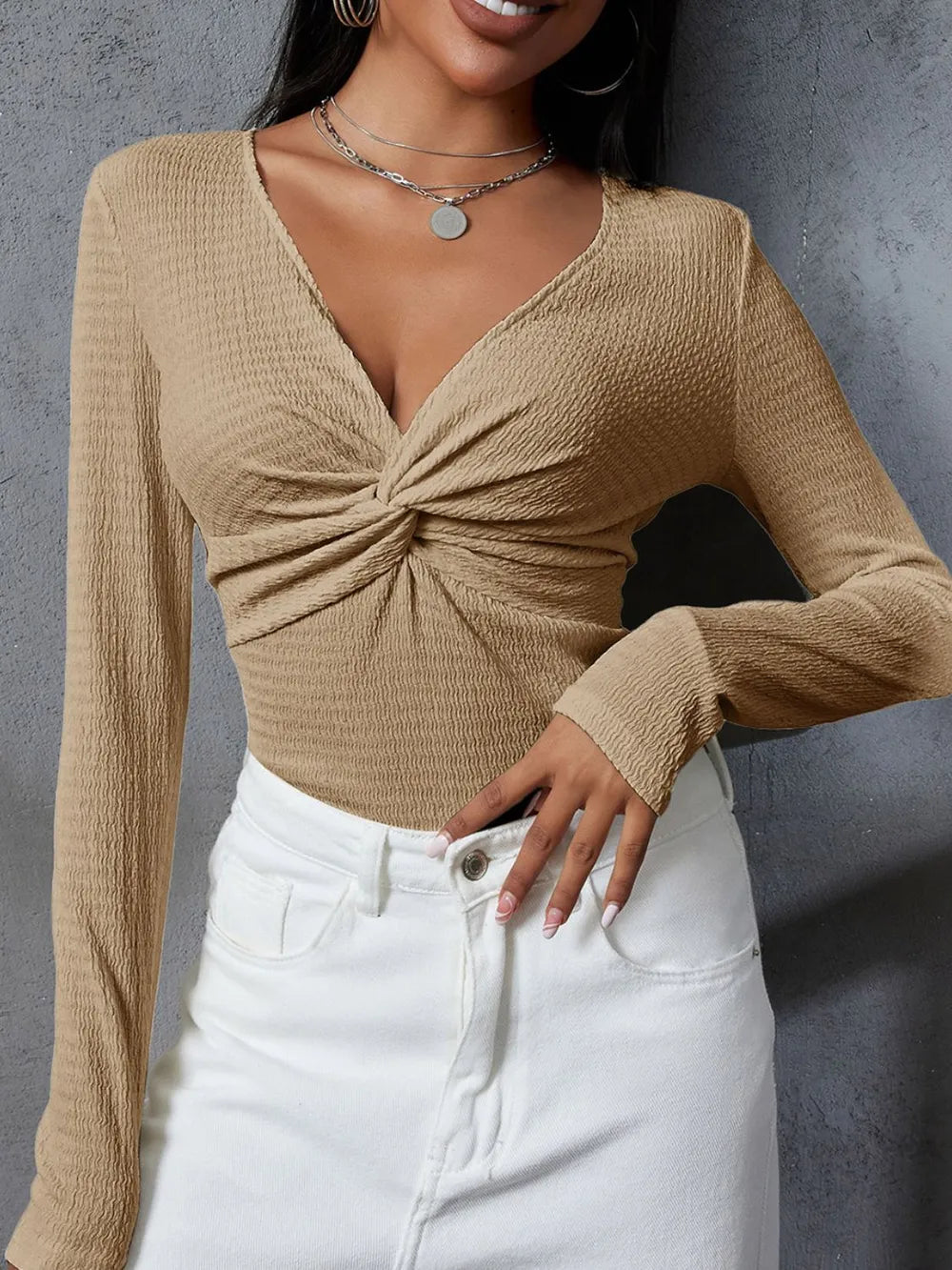 Twisted V-Neck Long Sleeve Blouse Camel b12a86ed-6442-42dc-b139-050de87fbc99-Max