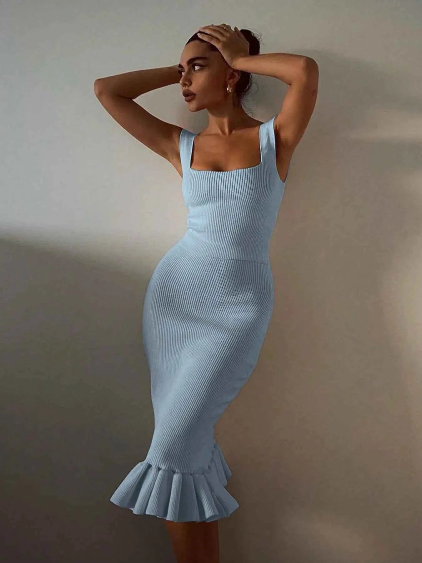 Ribbed Knit Bodycon Mermaid Dress with Ruffle Hem Light Blue b140dce9-a926-4080-ad5a-0529dad270c5-Max-Origin