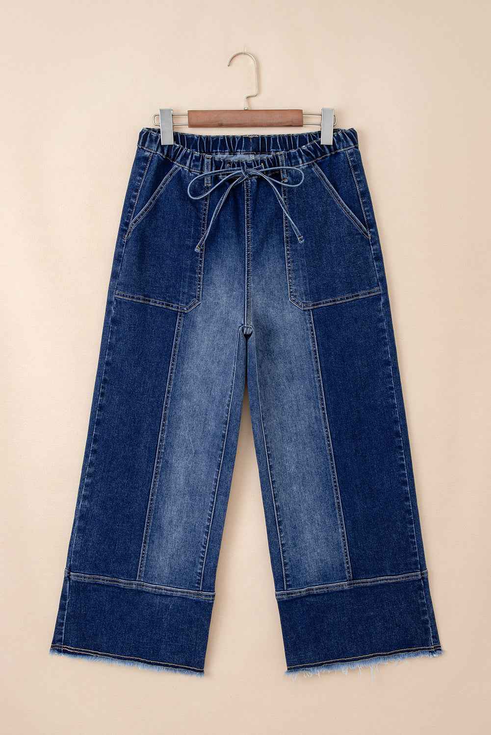 Beau Blue Drawstring Seam Detail Raw Hem Wide Leg Jeans b144549fef14b5f9