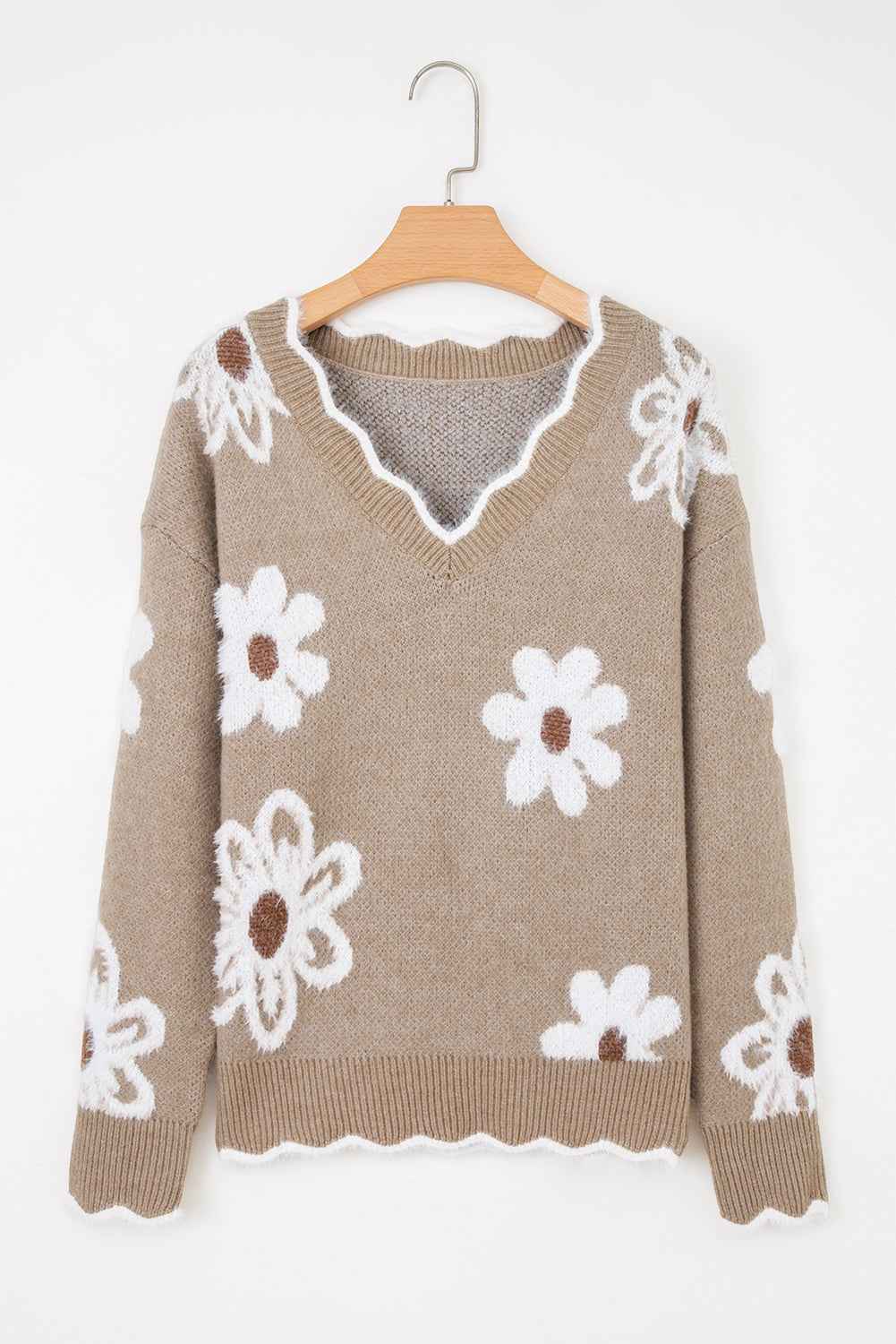 Seagrass Jacquard Floral Scallop V-neck Sweater b15bed9b19cbf6cd