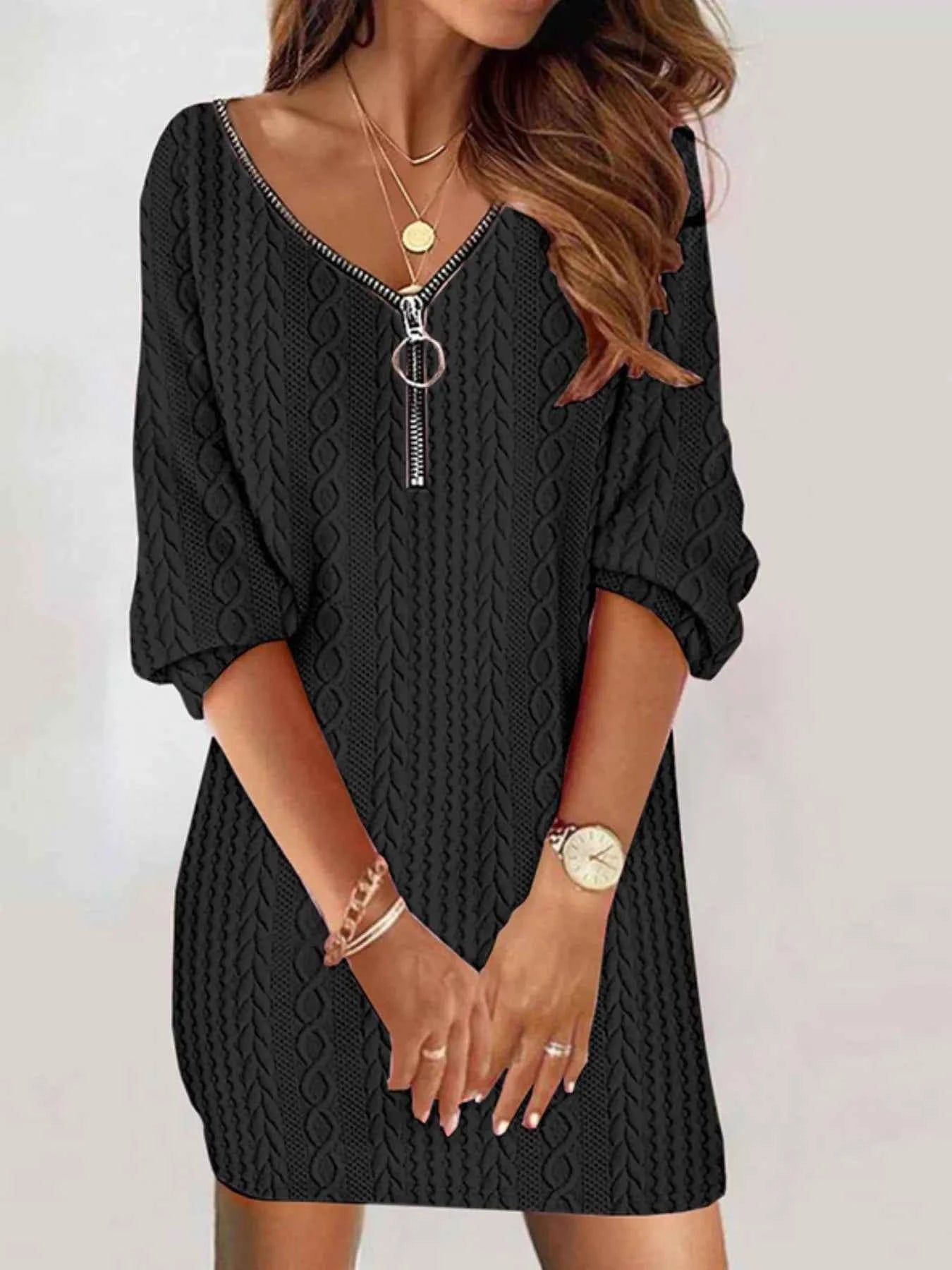 Zip Detail Textured Knit Mini Sweater Black b22d36e0-524e-4a34-895d-e66117ef8b91-Max-Origin