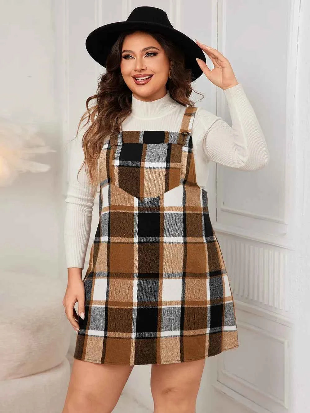 Honey Plus Size Plaid Wide Strap Overall Dress Caramel b28e23e8-ff87-4b85-82e8-ec1f47f41705-Max