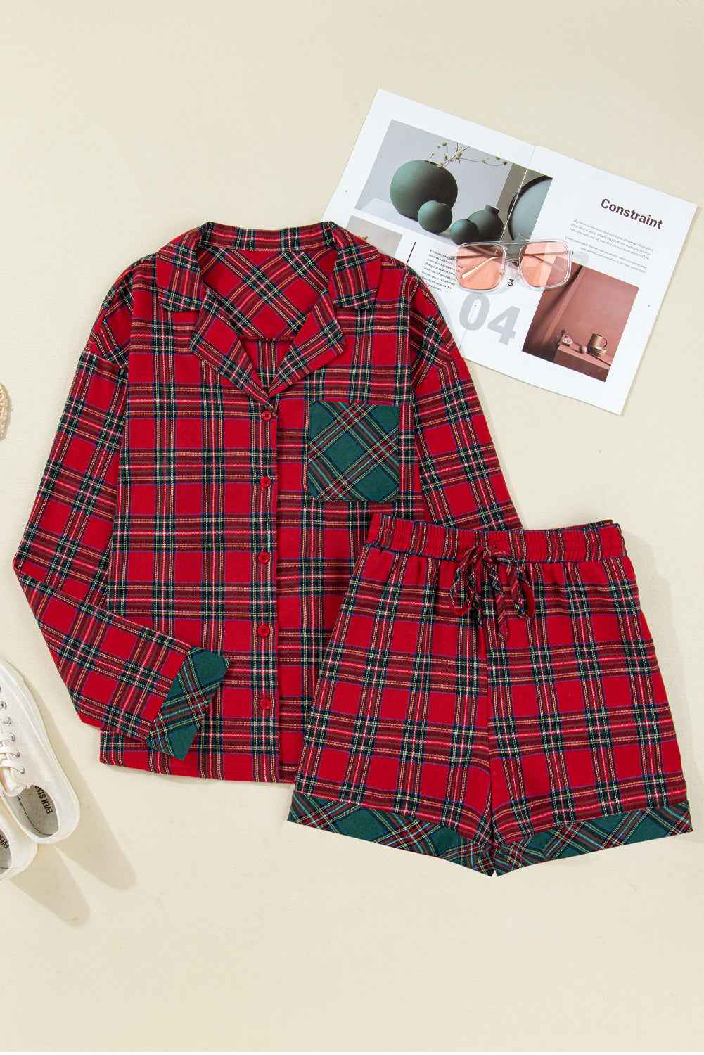 Red Plaid Contrast Color Christmas Holiday Long Sleeve Shirt and Shorts Pajama Set b39c68c3fc37b4b0