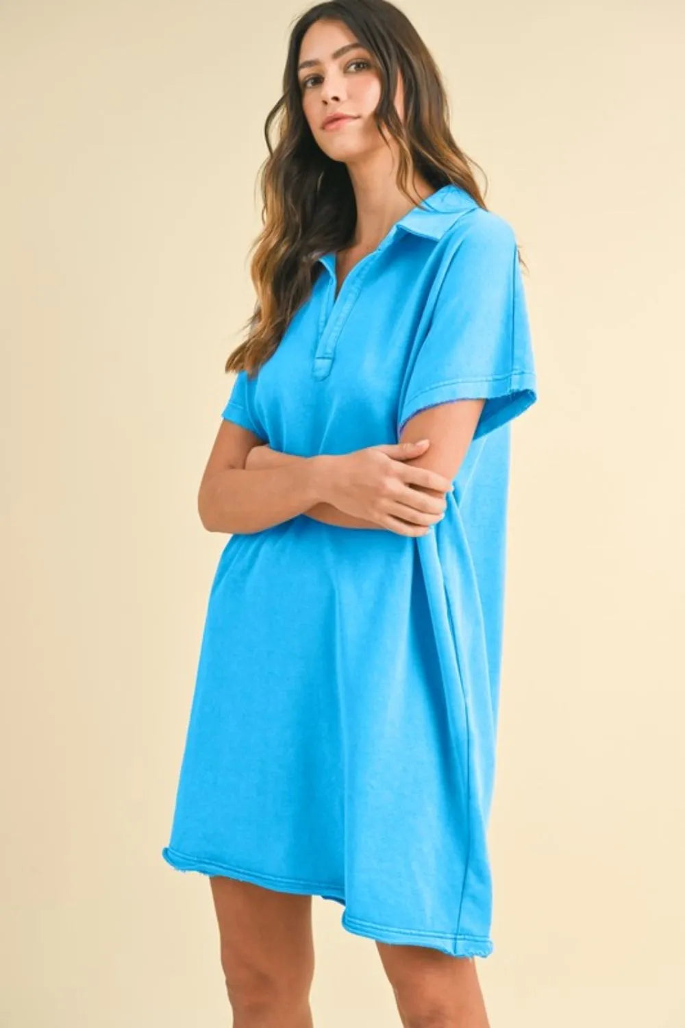 Annie Wear Mineral Washed Johnny Collar Short Sleeve Dress Sky Blue b426a2da-2710-4237-9a46-62b856fa0db1-Max