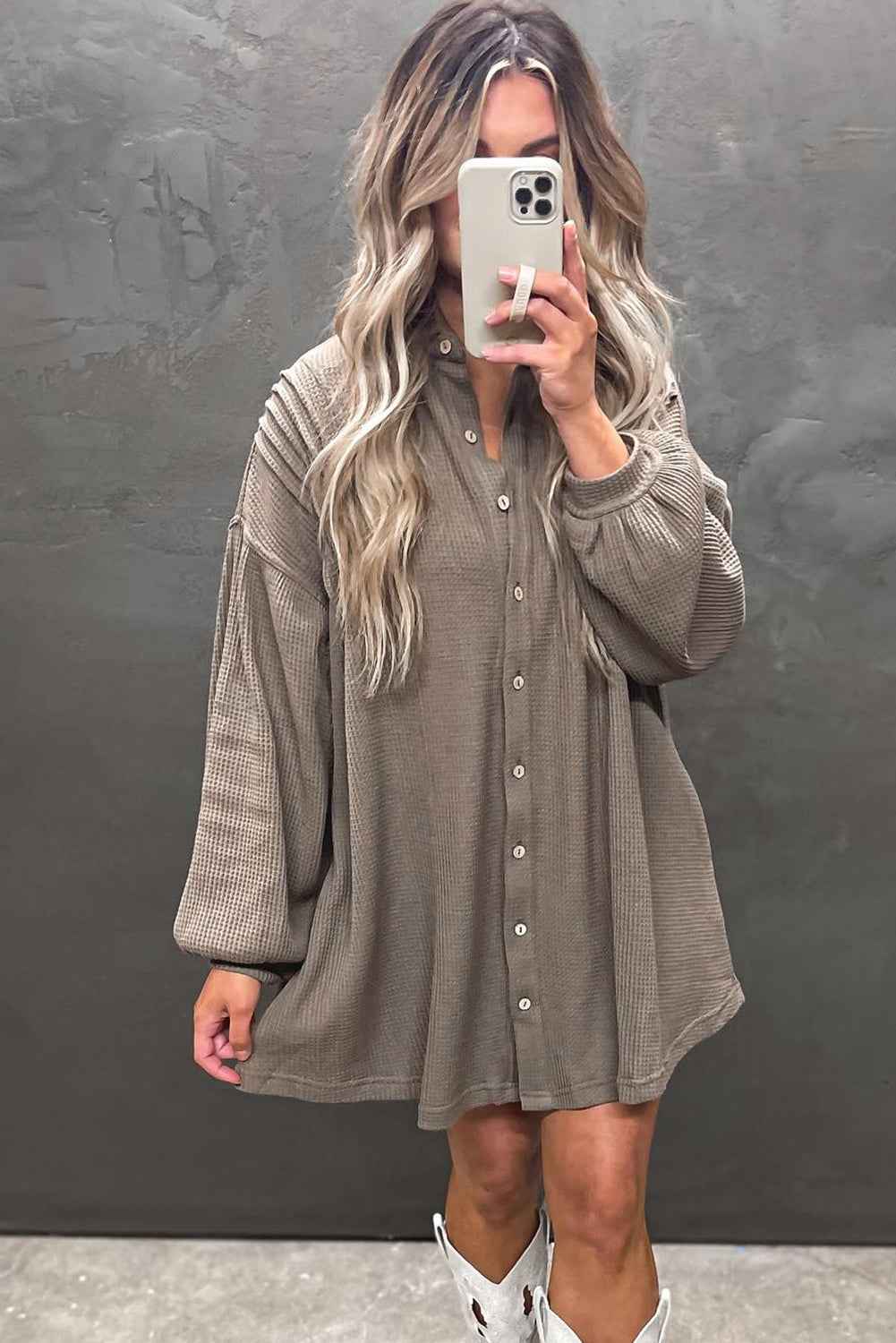 Simply Taupe Waffle Knit Shirt Tunic Mini Dress b43cc2aadccd82bd