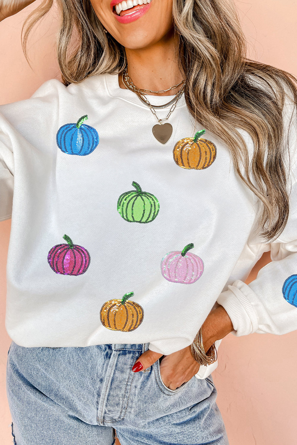 White Colorful Pumpkin Sequin Patched Drop Shoulder Sweatshirt b4632082601cef70