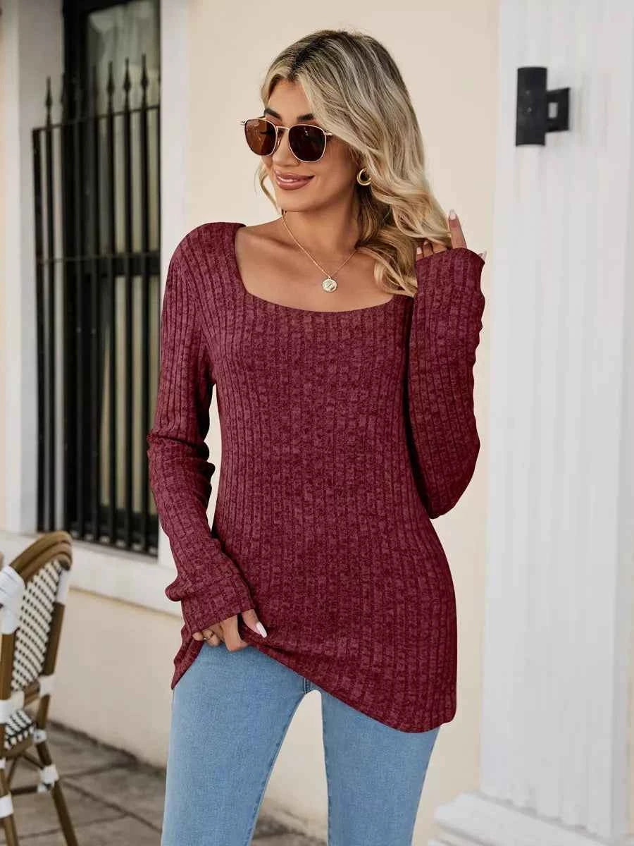 Ribbed Square Neck Long Sleeve T-Shirt Burgundy b46e5f55-8442-43c5-9be9-0519836940c5-Max-Origin