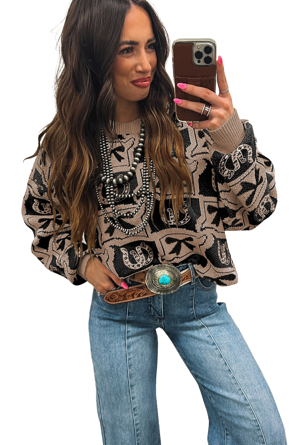 Pink Colorblock Bow Pattern Drop Sleeve Sweater b49d8bb23be1d349