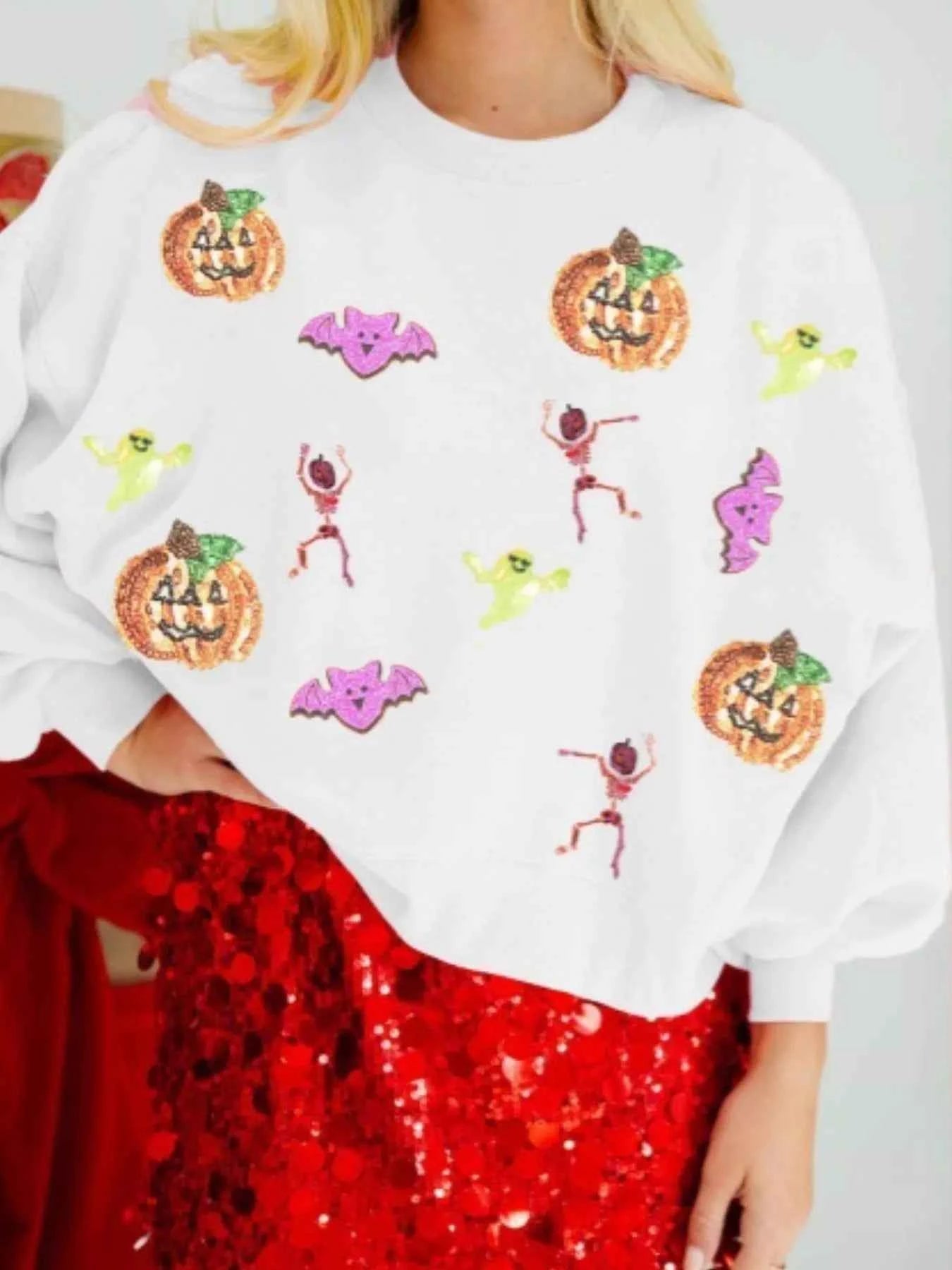 Halloween Sequin Round Neck Long Sleeve Sweatshirt White b4f0d9b8-3a8a-4246-b7d7-822ea5a7e7a2-Max-Origin