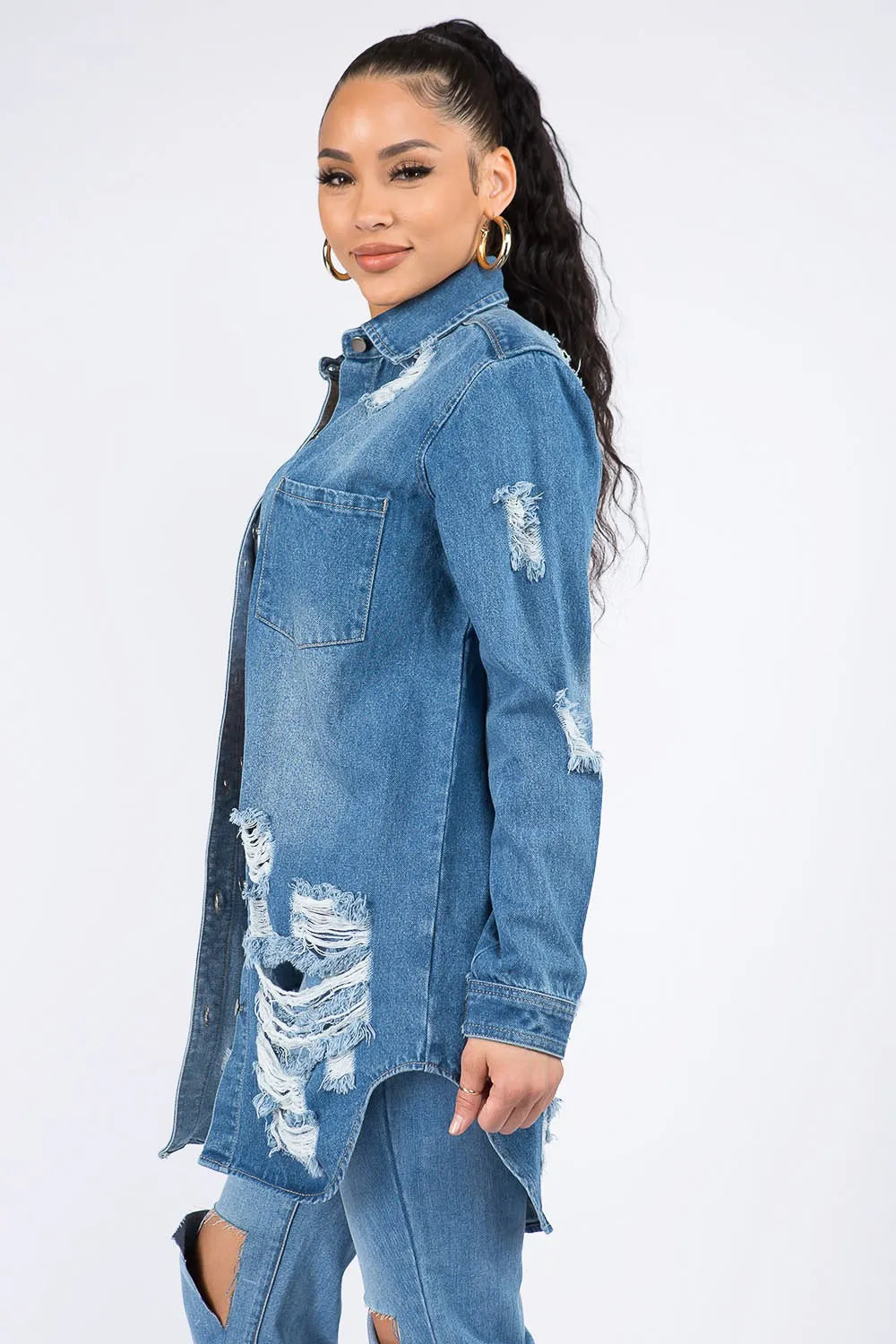 American Bazi Distressed Button Down Denim Shirt Jacket b531f8b5-750b-455e-9822-b3ba2f14369e-Max