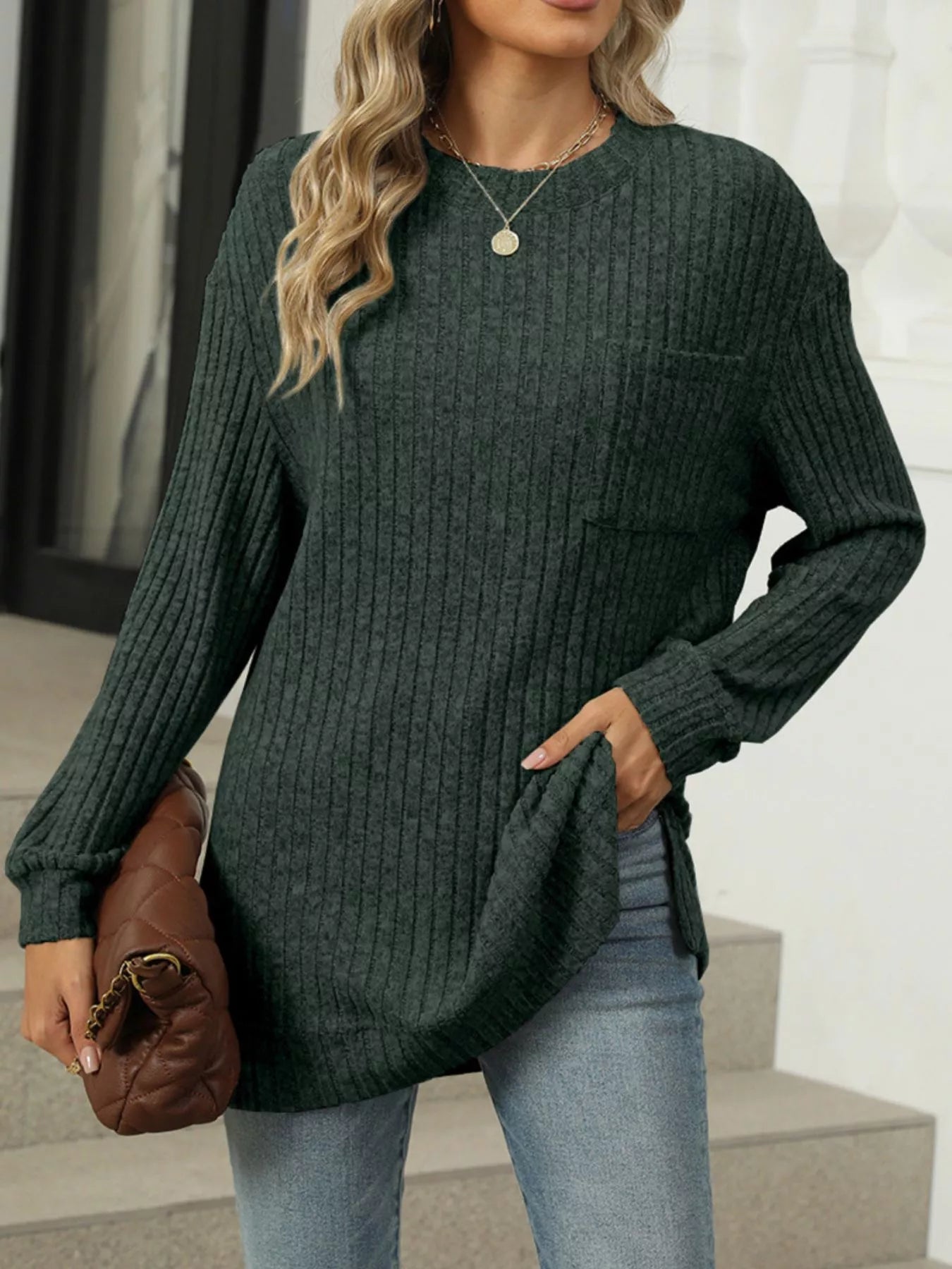 Ribbed Knit Round Neck Sweater Army Green b5aac60b-aced-4aef-909d-f2b8f8372199-Max-Origin