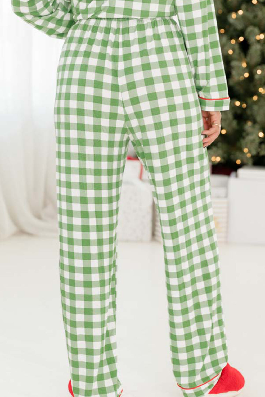 Light Green Plaid Print Shirt and Drawstring Pants Pajama Set b5d42e627be3142d