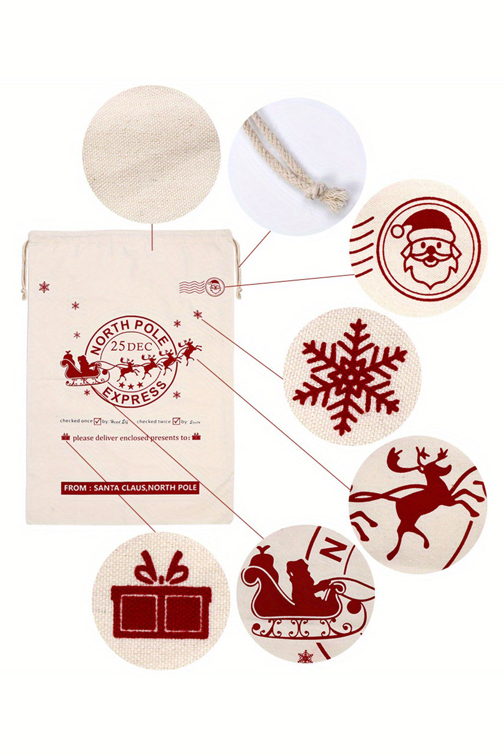 White Reindeer Drawstring Closure Christmas Party Favor Gift Bag