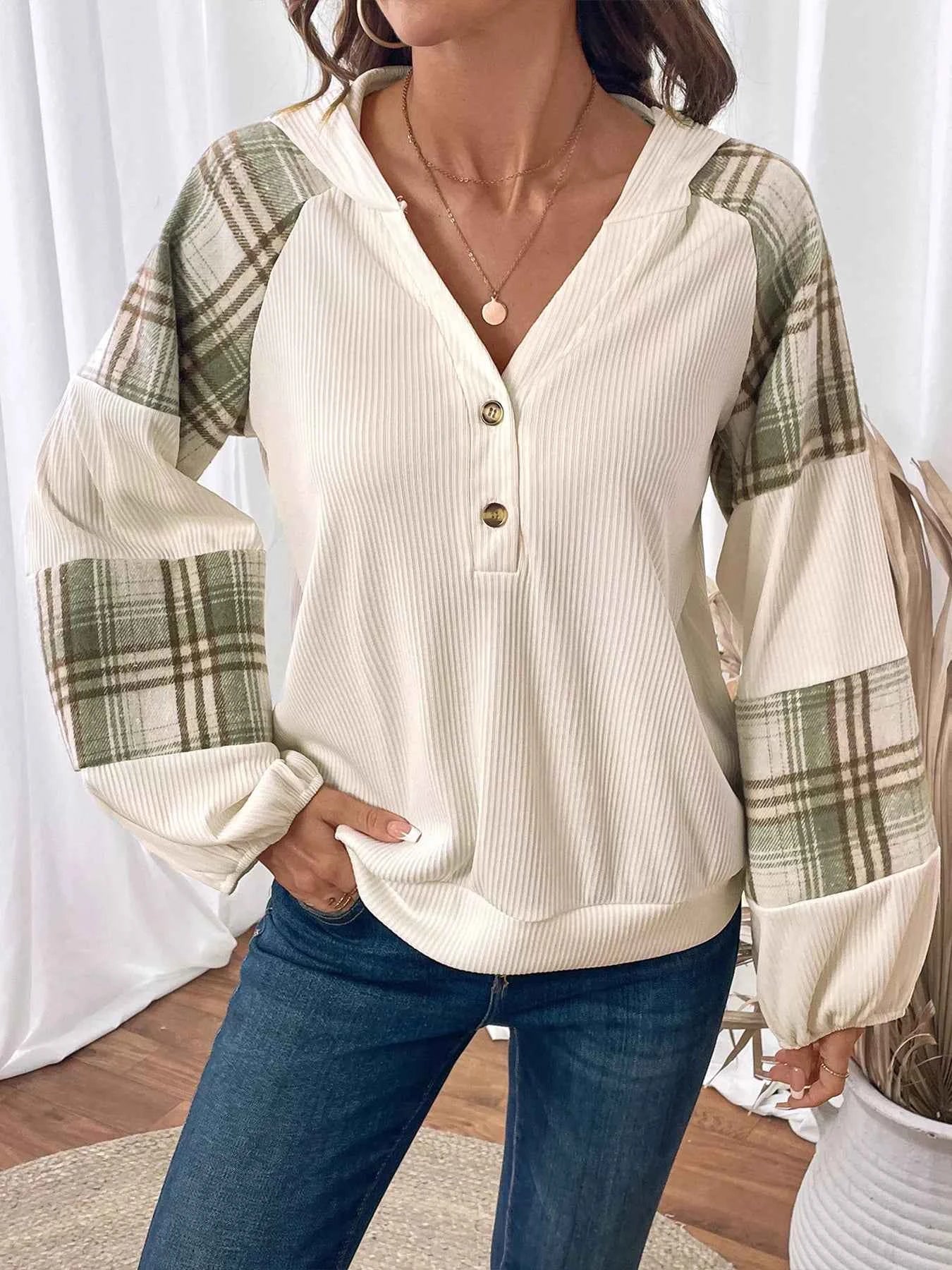 Plaid V-Neck Button Front Sweatshirt b6c6da81a7fb4d25bc8d7bef3c73a858-Max-Origin
