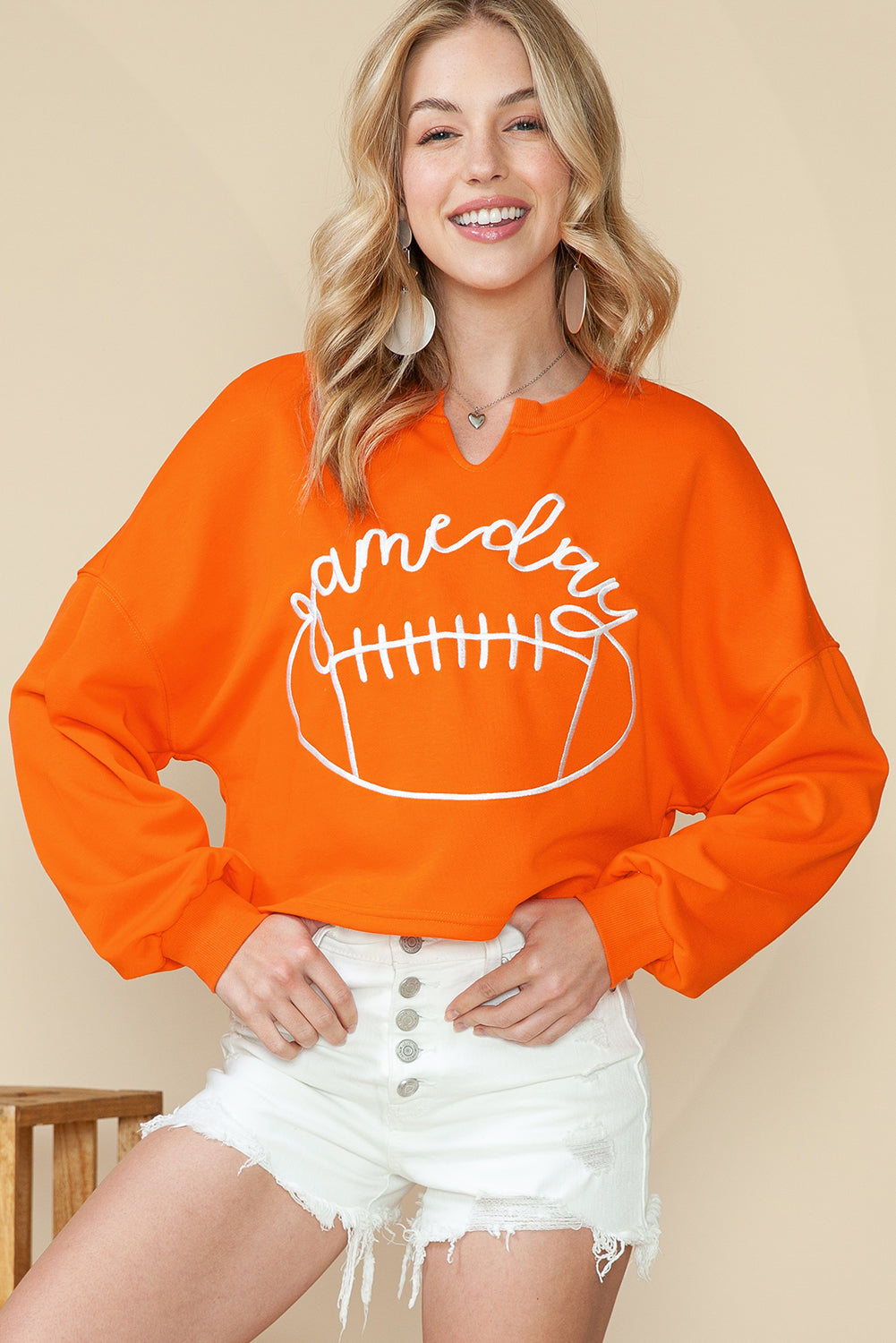 Orange Game Day Lettering Rugby Notched Neck Cropped Sweatshirt b7275da4bd3e0cb1