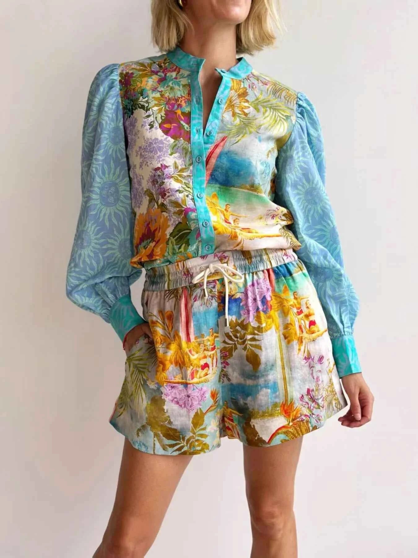 Printed Button Up Shirt and Shorts Set Pastel Blue b73008bd022940fcb240b256b384bdea-Max-Origin