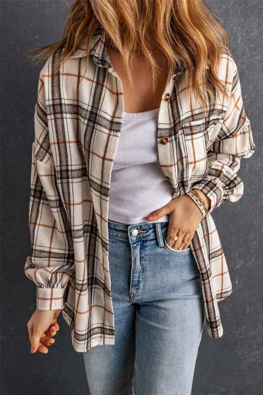 Plaid Side Slit Oversized Shacket White b7953cd1-4cea-4ecf-ae3e-d9d6fd40d906
