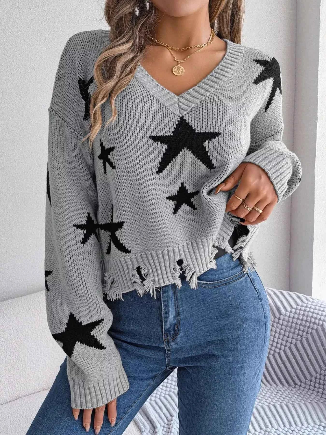 Star Pattern V-Neck Distressed Sweater Gray b7f336d9-ea8d-4445-8340-255d8e2d48c9-Max-Origin