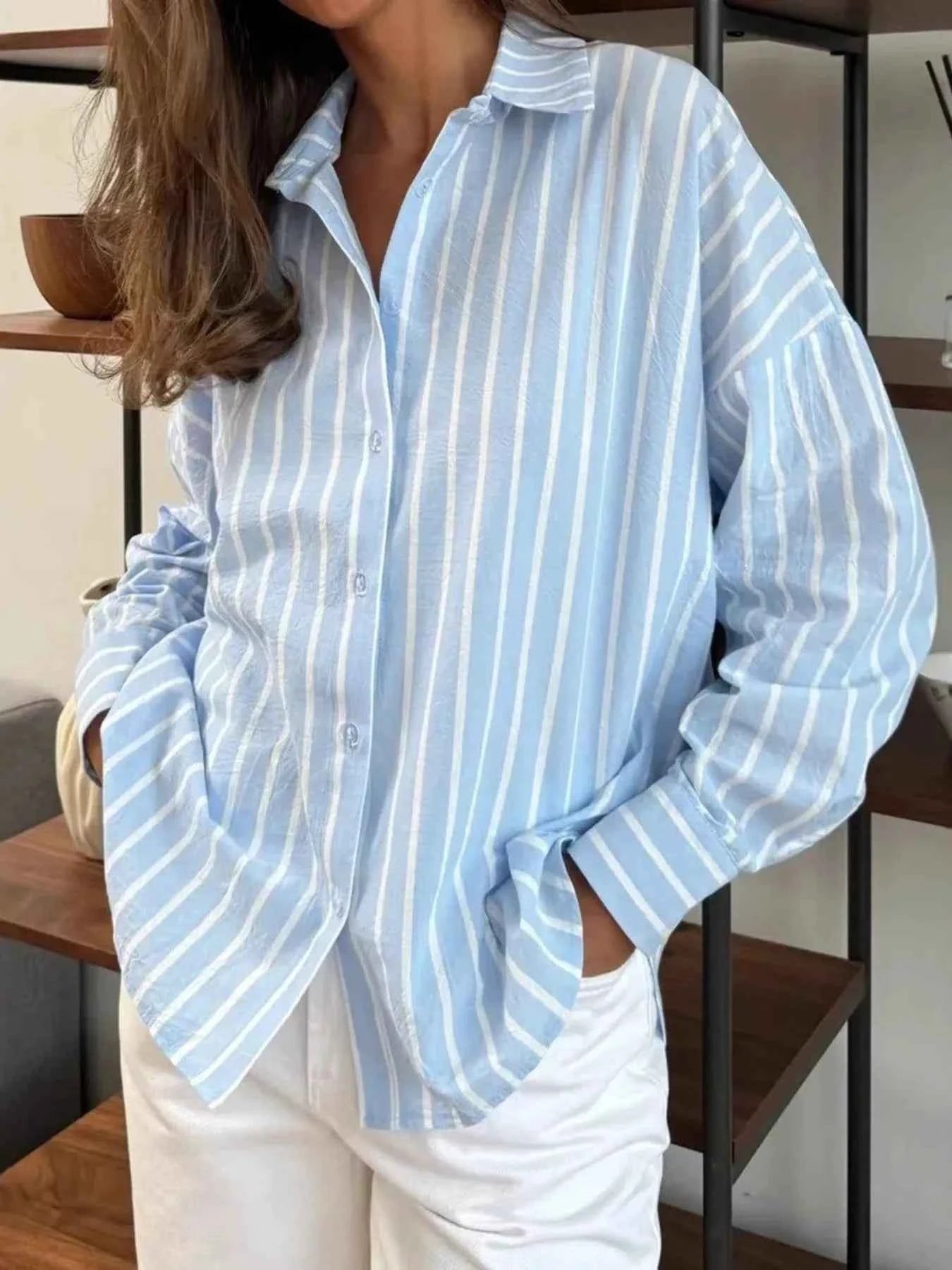 Striped Oversized Button-Down Shirt Blue b81b91e9c0e347a8a16720b706936341-Max-Origin