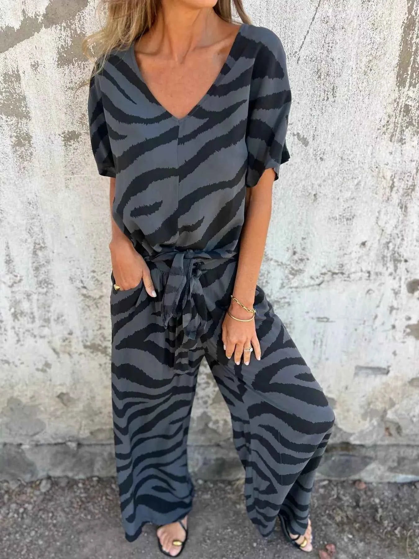 Zebra Print V-Neck Top and Pants Set Dark Gray b8612f97510b4cb79dcf93e514a1bca0-Max-Origin