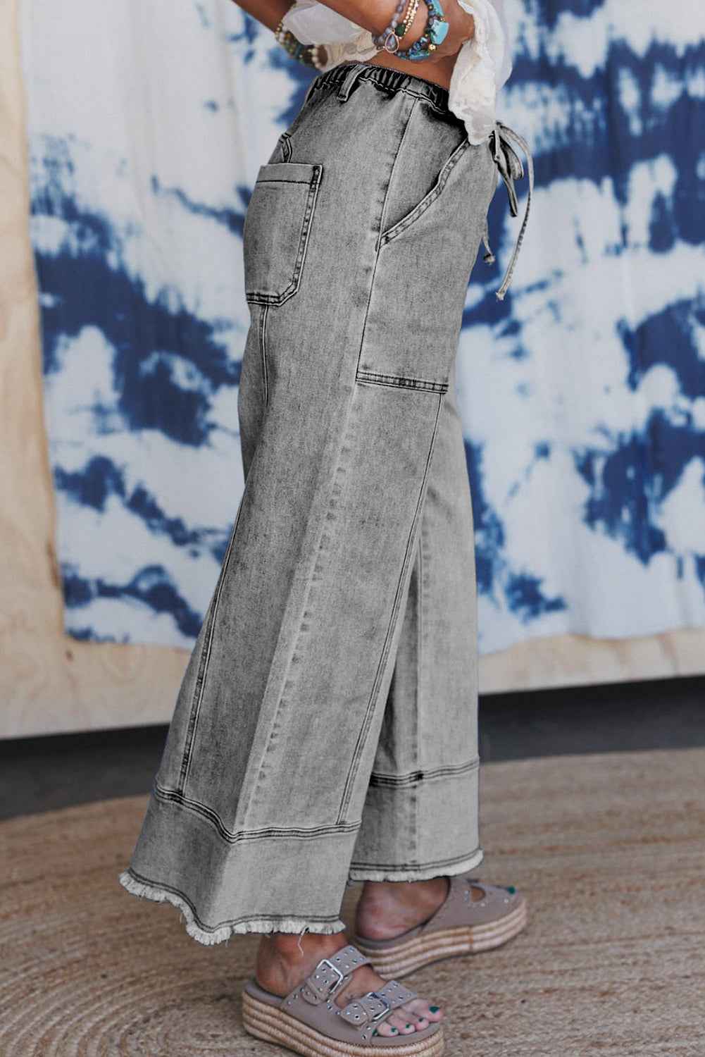 Beau Blue Drawstring Seam Detail Raw Hem Wide Leg Jeans b8c812c88d69cfce