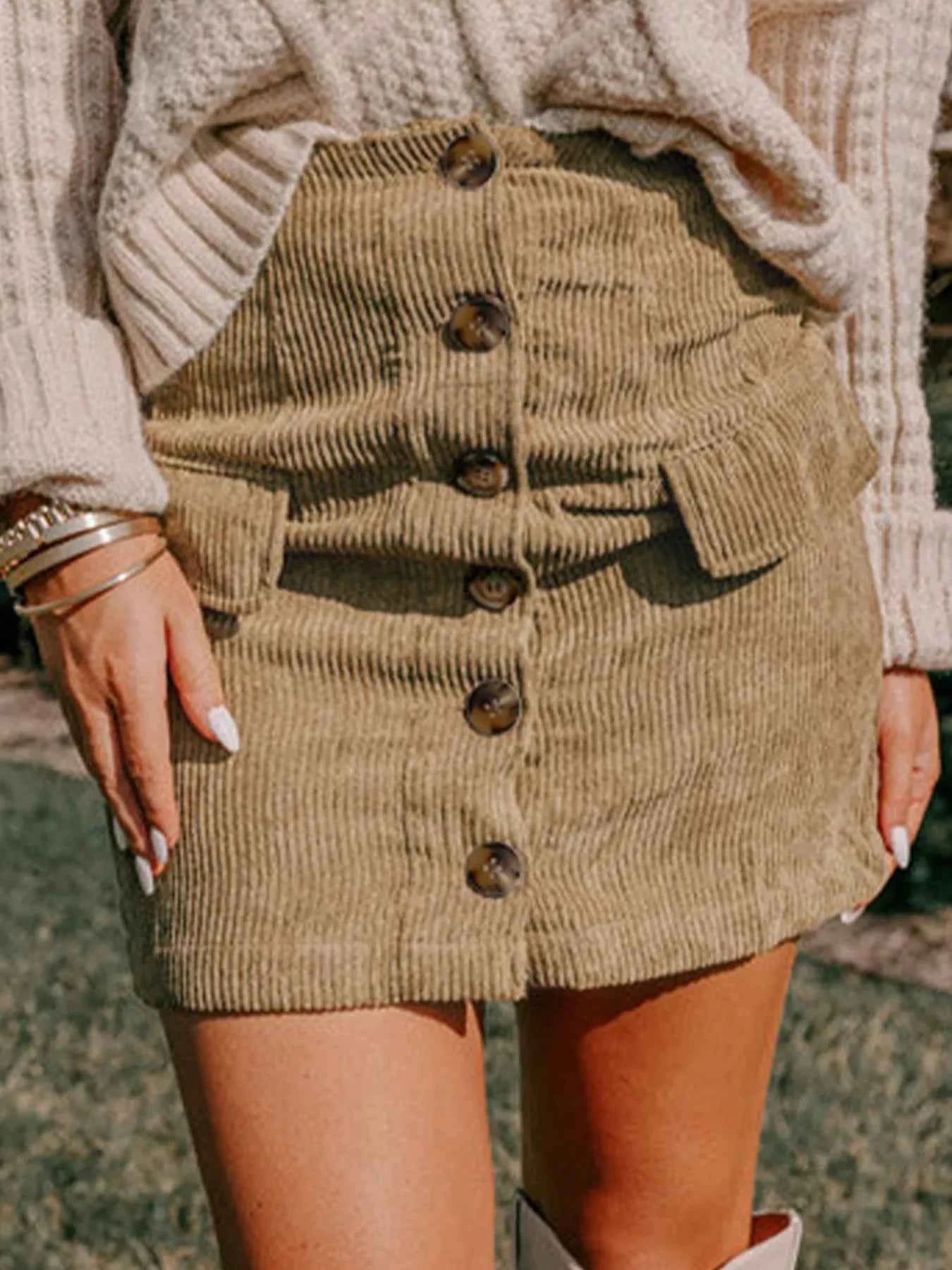 Corduroy Buttoned Front Mini Skirt Camel b8f0bf5e471d458685b74b2868ad47d6-Max-Origin